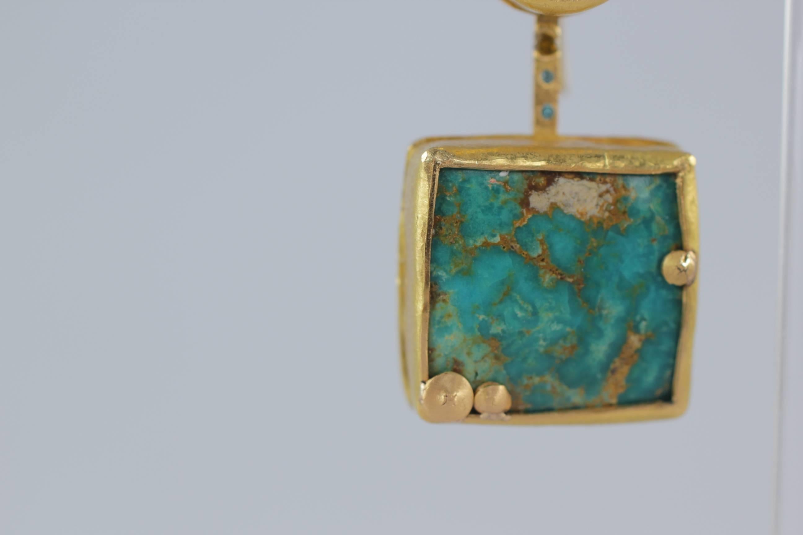Oval Cut 22Karat-21Karat Gold Persian Turquoise and Diamond Earrings Handmade Jewelry