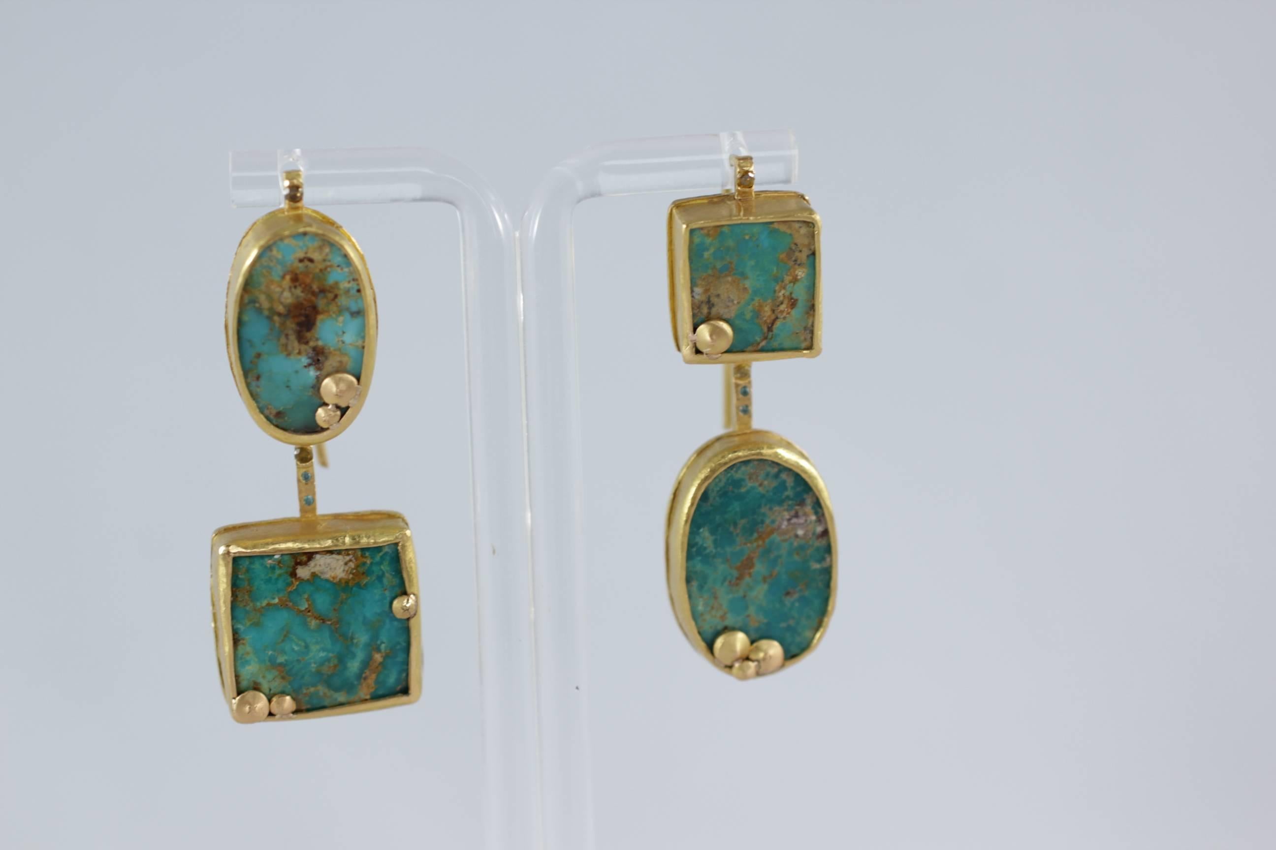 22Karat-21Karat Gold Persian Turquoise and Diamond Earrings Handmade Jewelry In New Condition In New York, NY