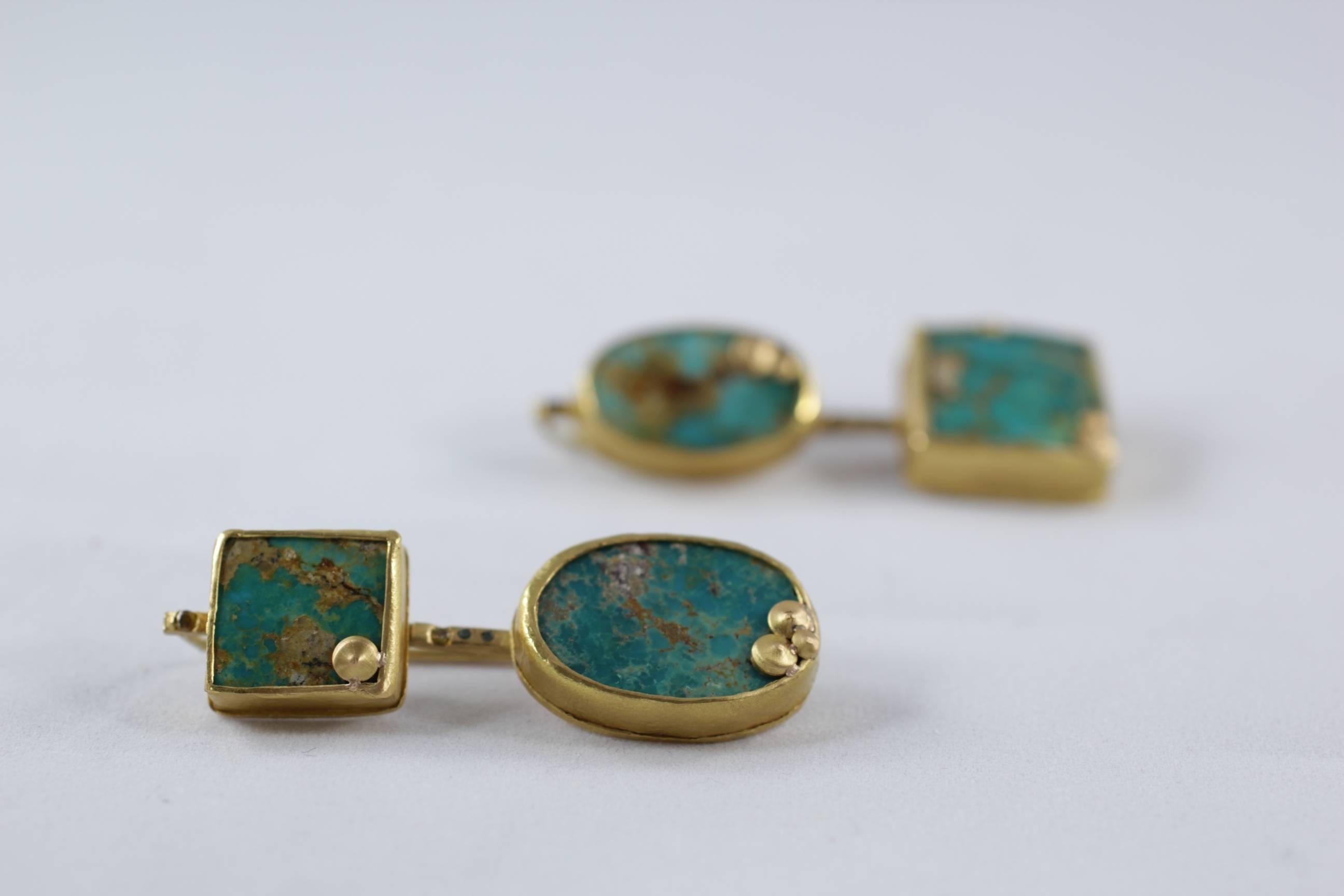 Women's 22Karat-21Karat Gold Persian Turquoise and Diamond Earrings Handmade Jewelry