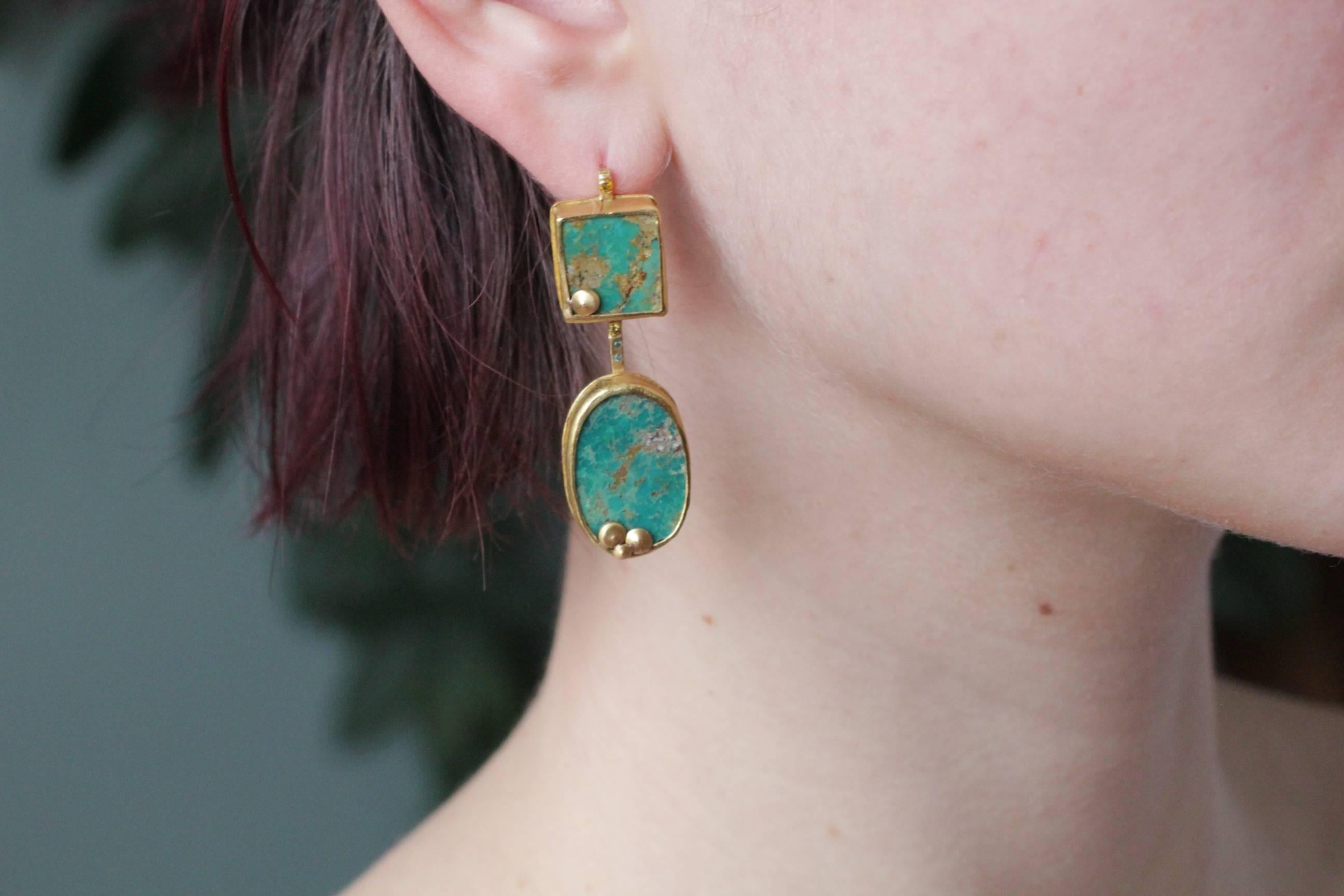 22Karat-21Karat Gold Persian Turquoise and Diamond Earrings Handmade Jewelry 10