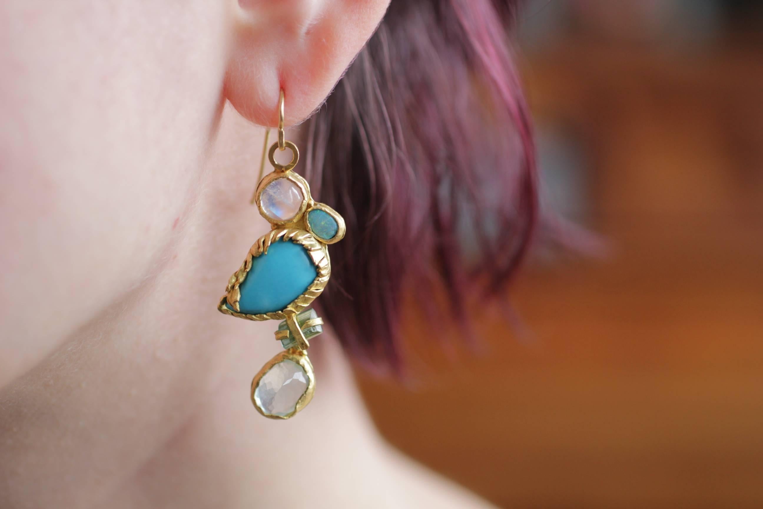 Turquoise Tourmaline Crystals 22k-21k Gold Handmade Dangle Drop Organic Earrings For Sale 3