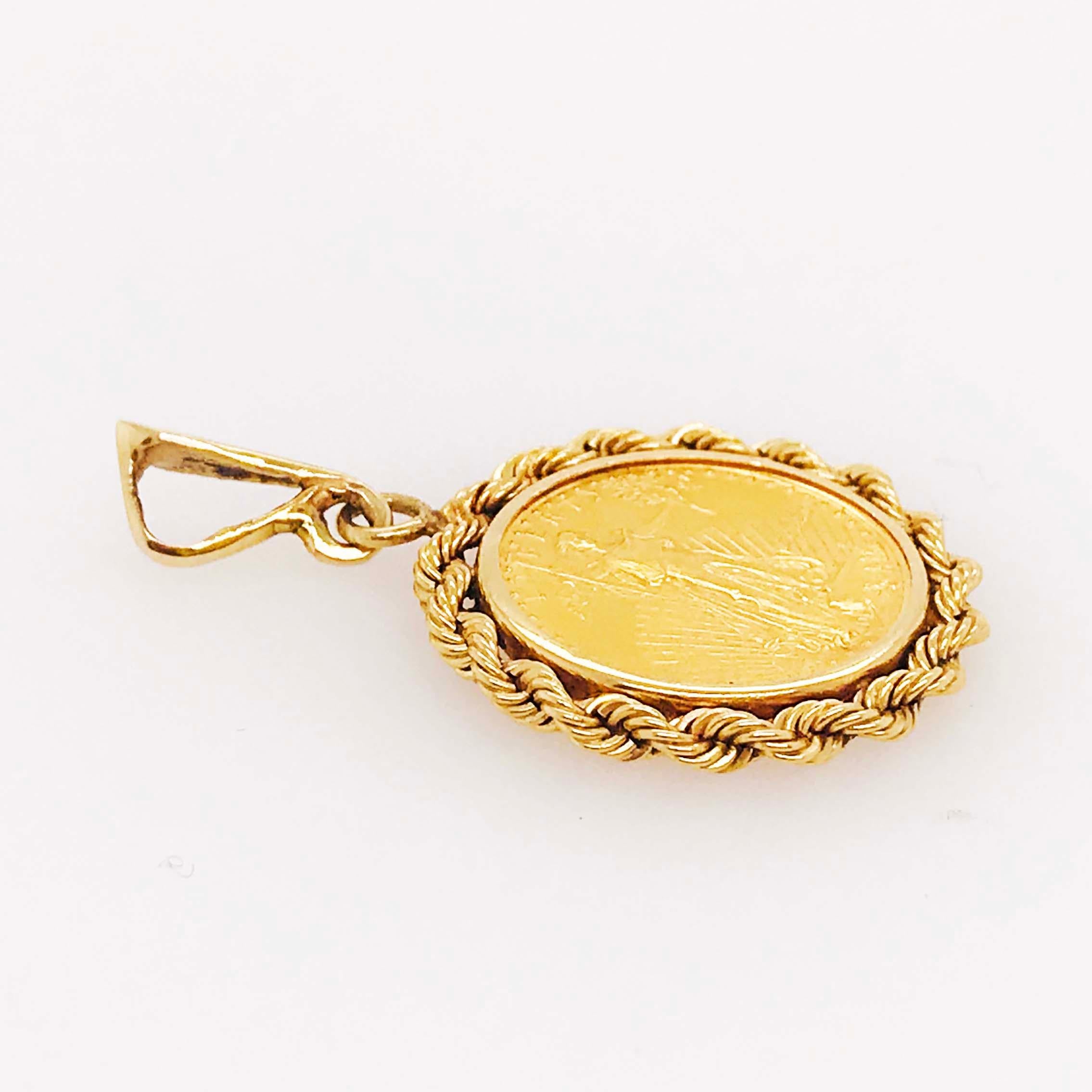 This is an authentic 22 Karat Gold American Eagle coin (or American Liberty Gold Coin) set in a 14k yellow gold rope coin bezel. The 1991 American Eagle coin has a round 14k yellow gold rope coin bezel. The pendant has a large bail to fit up to a