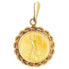 22K American Eagle Gold Coin, 1/10 oz 5 Dollar Liberty Coin with 14k Rope Bezel