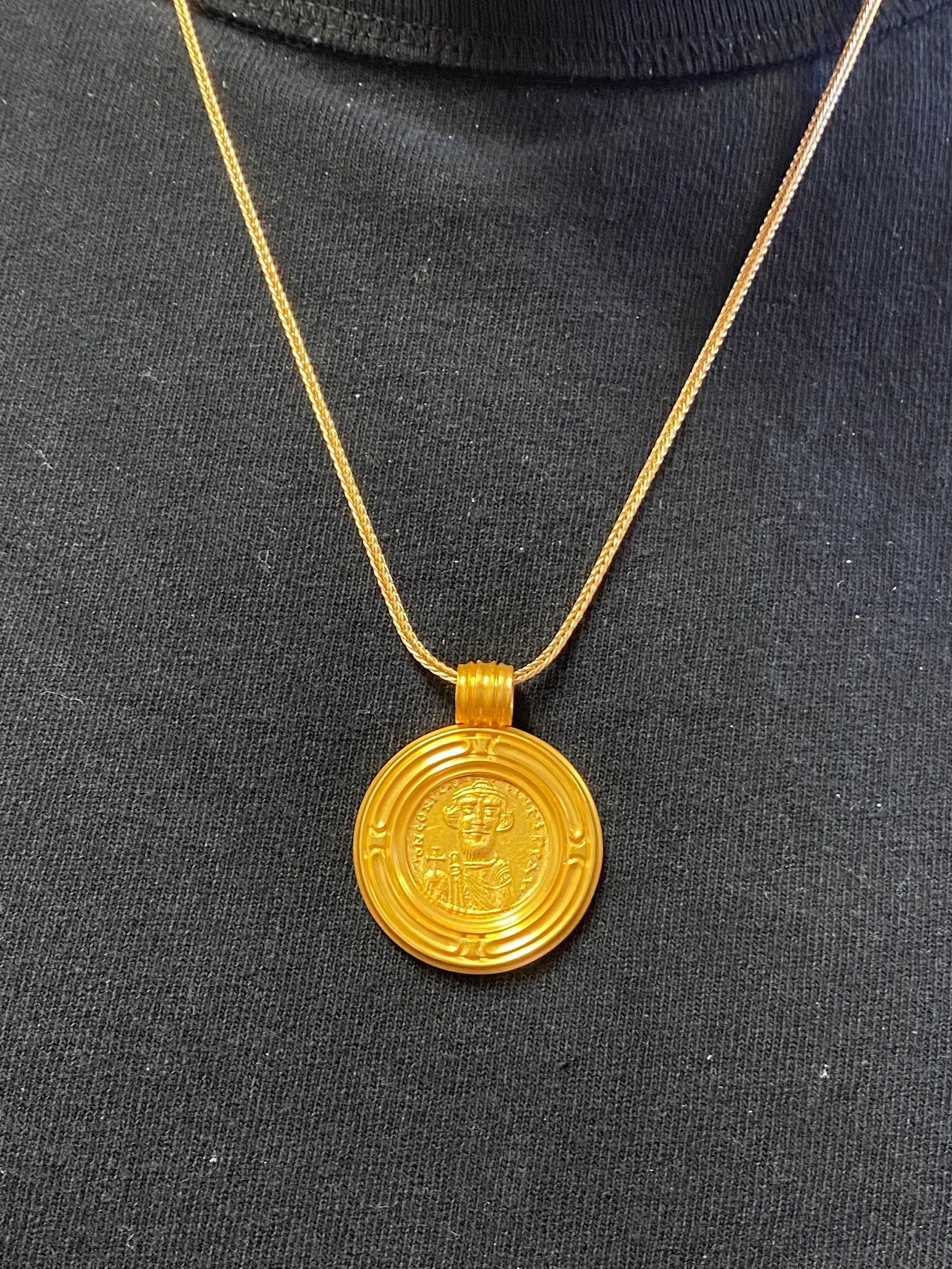 Women's or Men's 22K Ancient 7th Century Byzantine Constans II Gold Coin Pendant For Sale