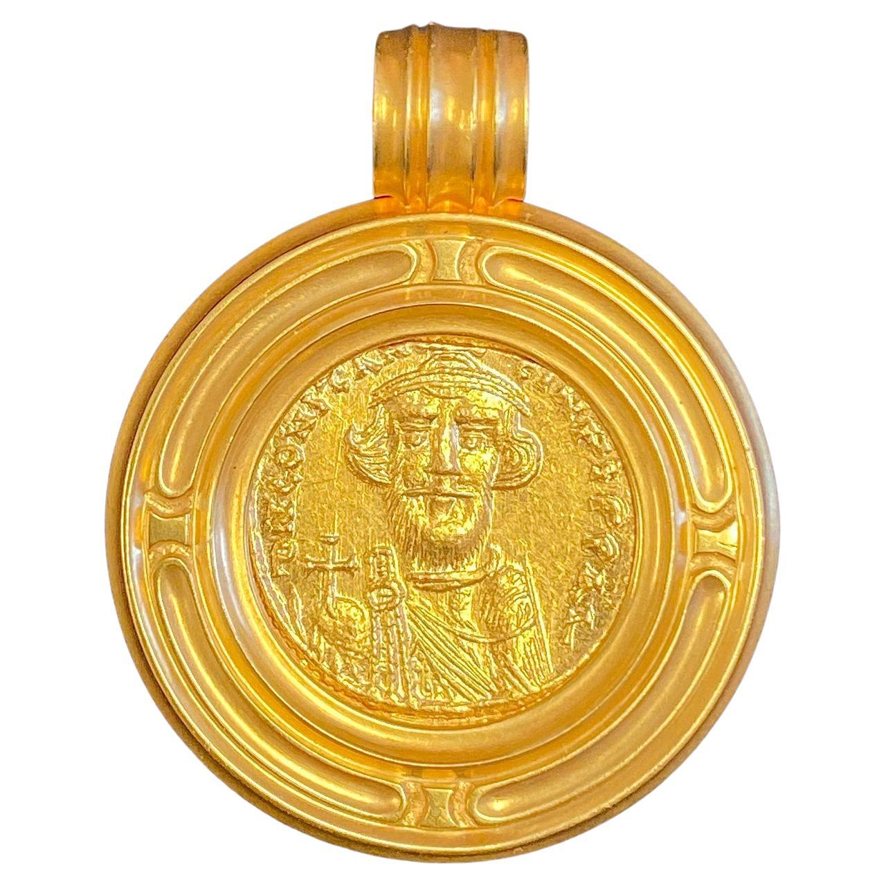 Pendentif en or 22 carats avec pièce de monnaie Byzantine Constans II du 7e siècle de style antique