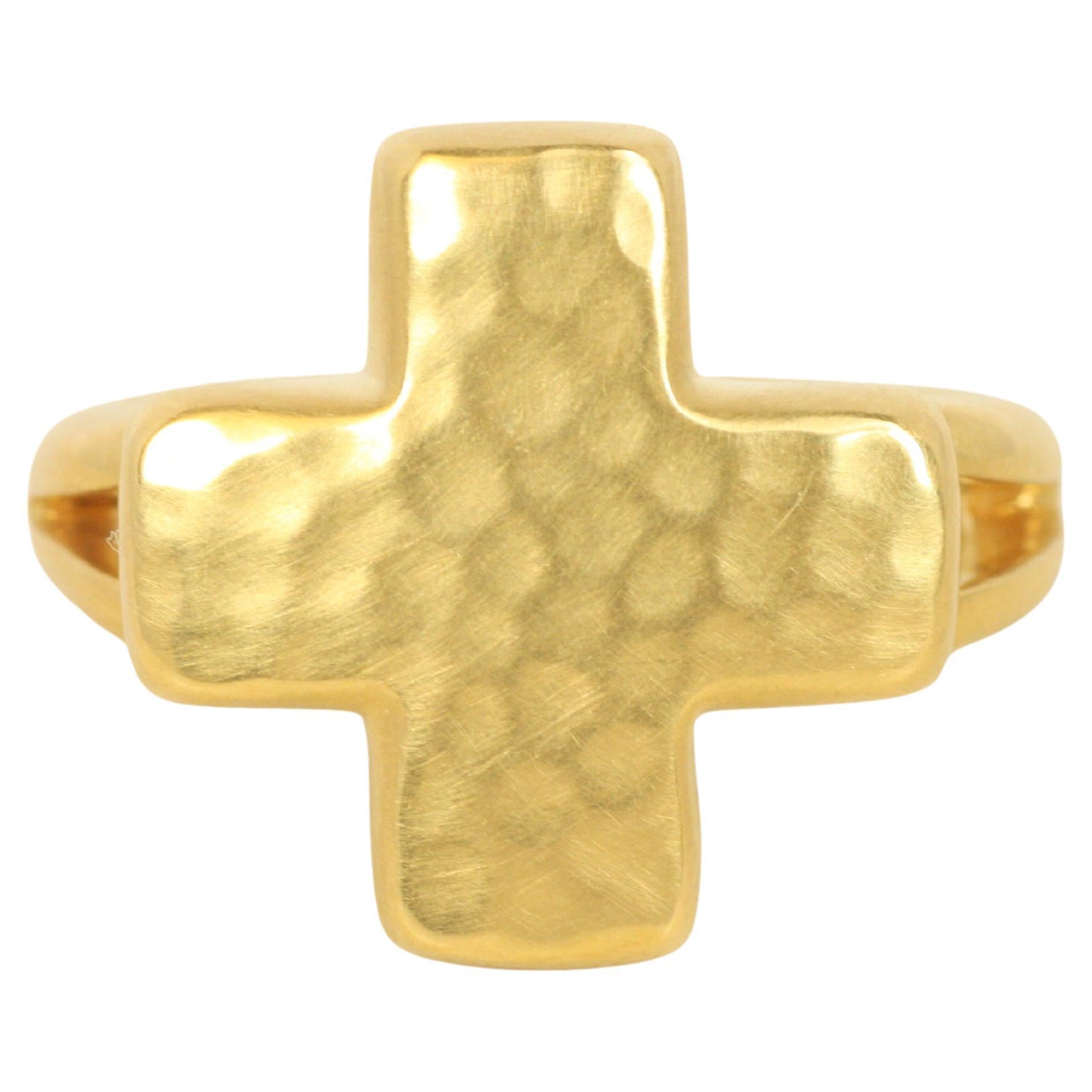 Cross Ring – 22K Yellow Gold with Split-Shank & Hammered Finish, Darlene deSedle For Sale
