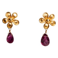 22K Flower Stud Earring with Pink Tourmaline Briolette Drop