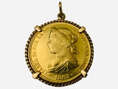 22K Gold 1862 Spain 100 R Coin Gemmed Numari Pendant