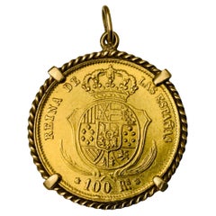22K Gold 1862 Spain 100 R Coin Gemmed Numari Pendant