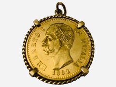 22K Gold 1882 Italy 20 L Coin Gemmed Numari Pendant