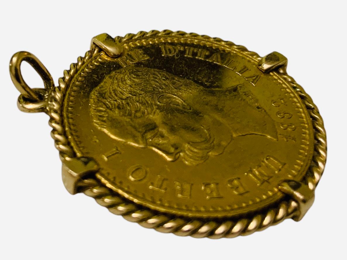 Classical Roman 22K Gold 1882 Italy 20 L Coin Gemmed Numari Pendant For Sale