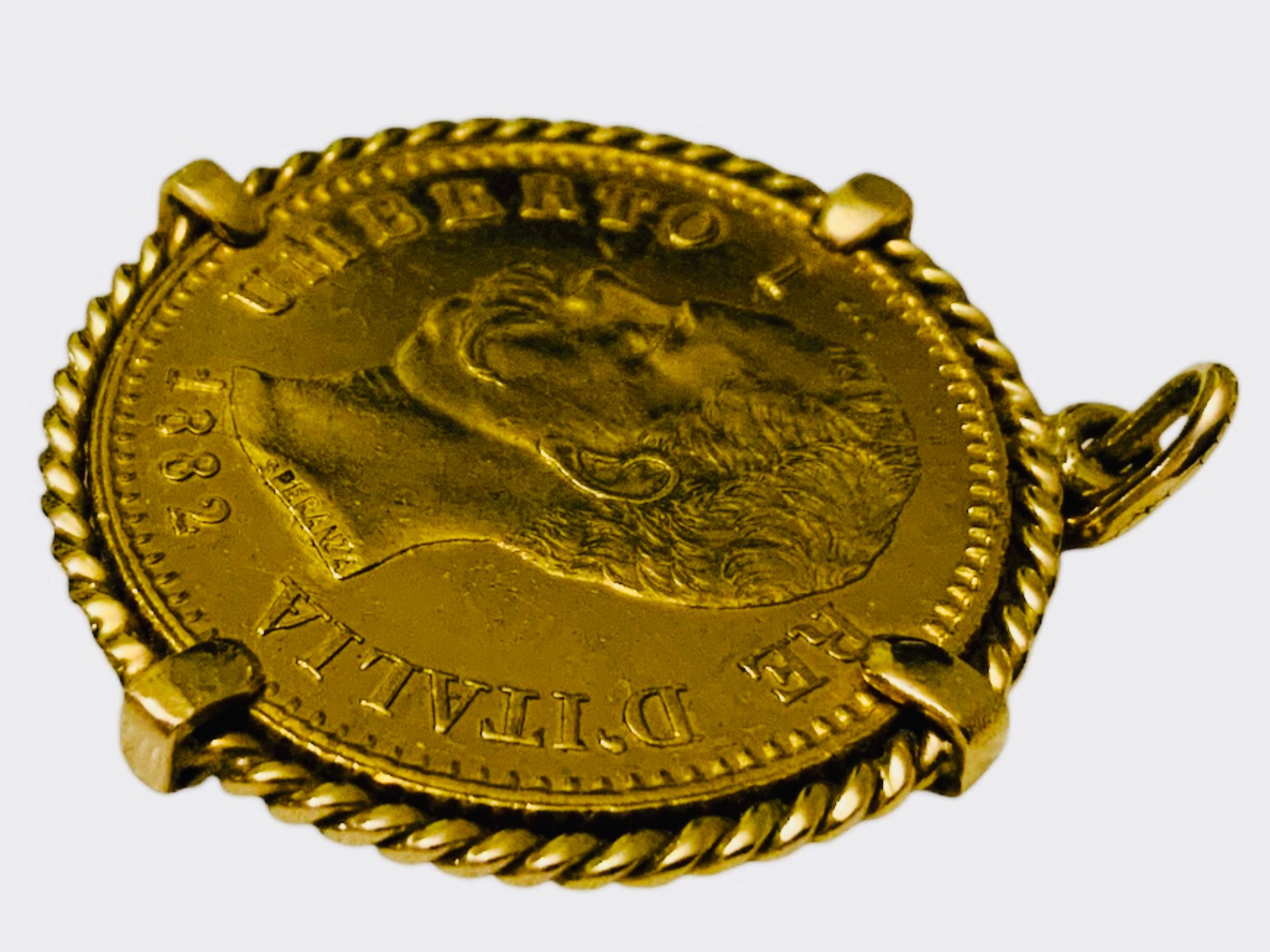 Women's or Men's 22K Gold 1882 Italy 20 L Coin Gemmed Numari Pendant For Sale