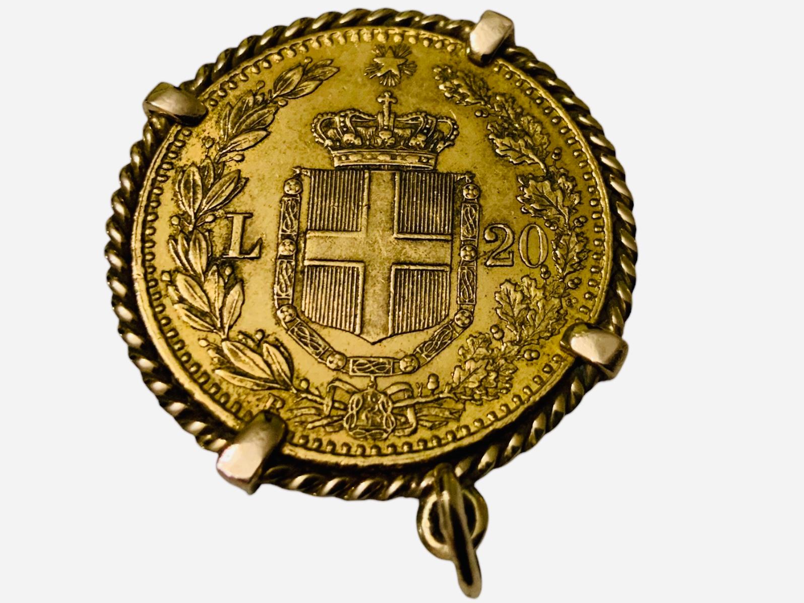 22K Gold 1882 Italy 20 L Coin Gemmed Numari Pendant For Sale 1