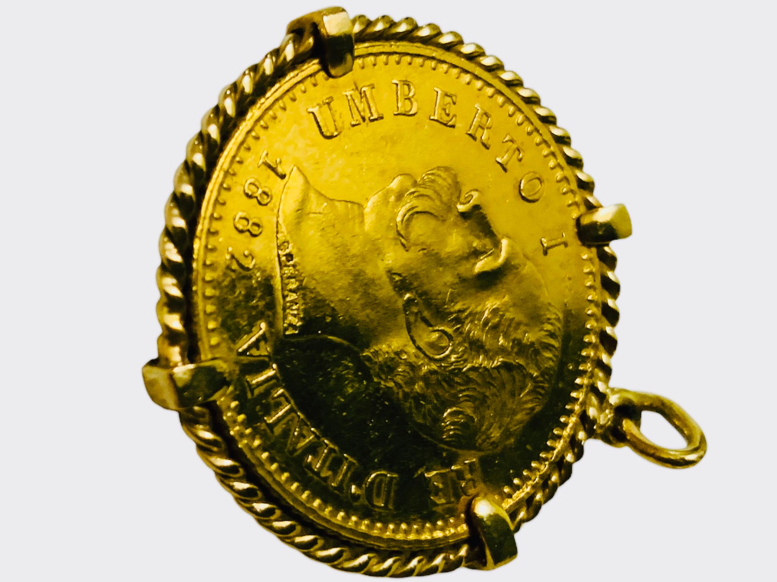 22K Gold 1882 Italy 20 L Coin Gemmed Numari Pendant For Sale 3