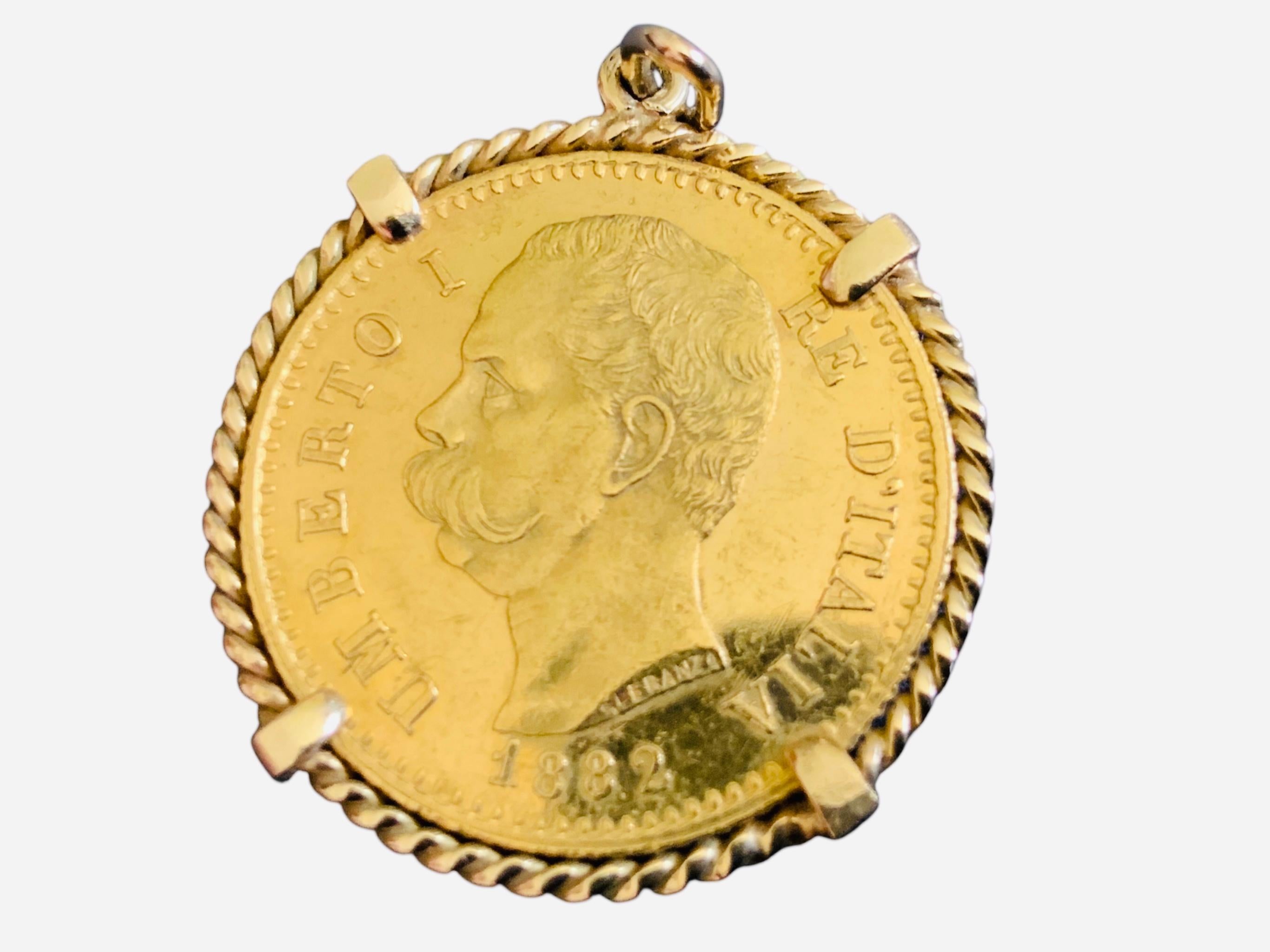 22K Gold 1882 Italy 20 L Coin Gemmed Numari Pendant For Sale 4