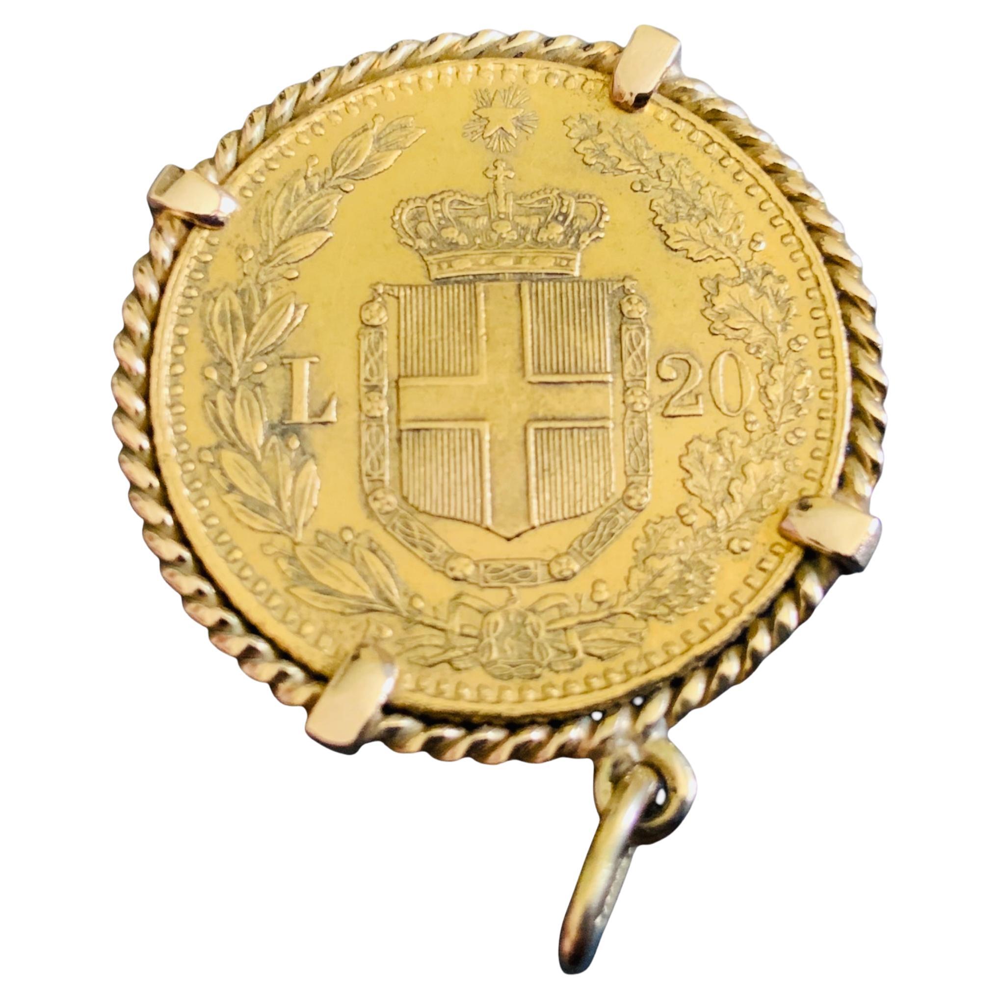 22K Gold 1882 Italy 20 L Coin Gemmed Numari Pendant
