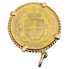 22K Gold 1882 Italy 20 L Coin Gemmed Numari Pendant