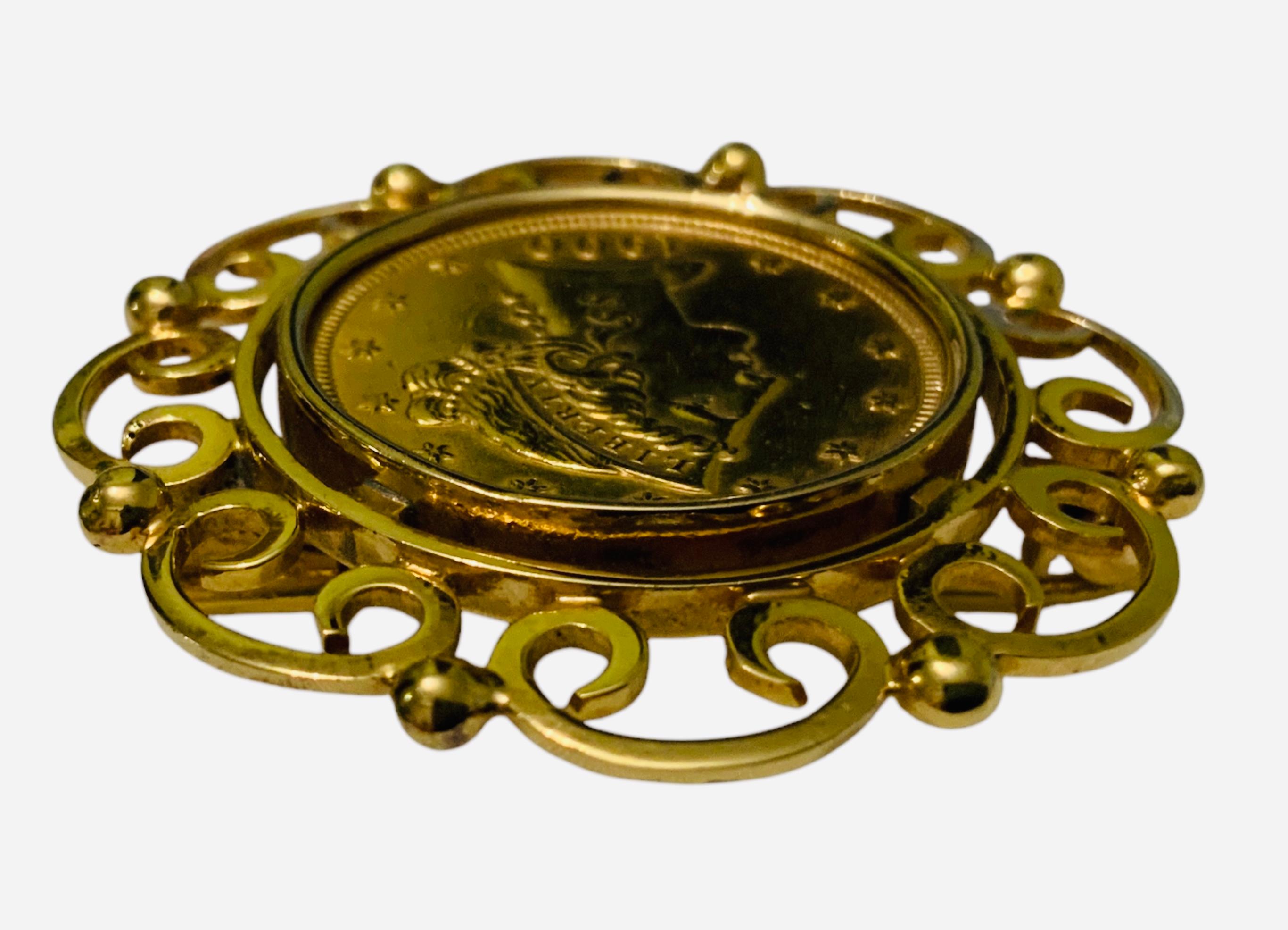 Classical Roman 22K Gold 1900 Liberty Coin Gemmed Numari Brooch For Sale