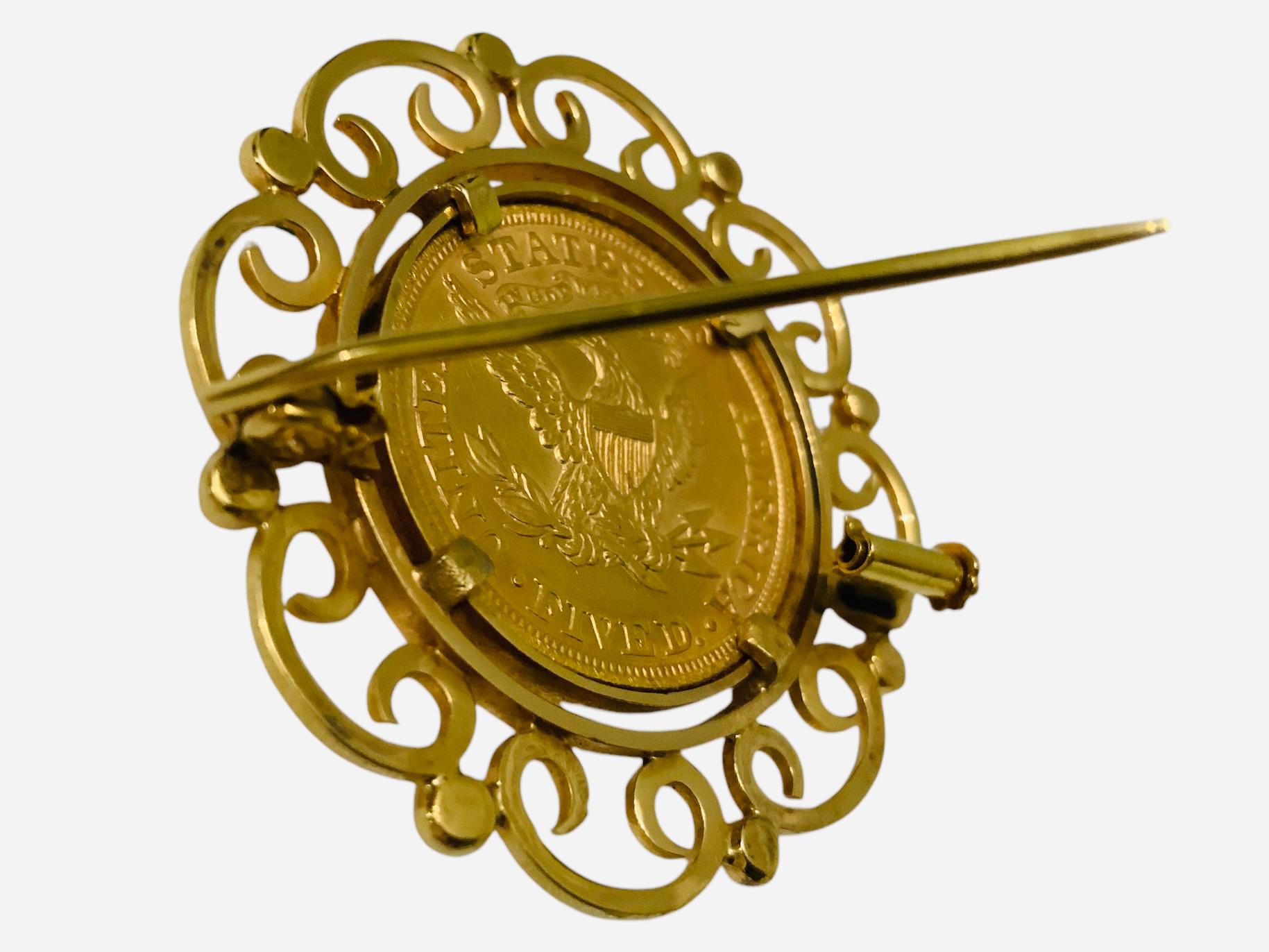 Women's or Men's 22K Gold 1900 Liberty Coin Gemmed Numari Brooch For Sale