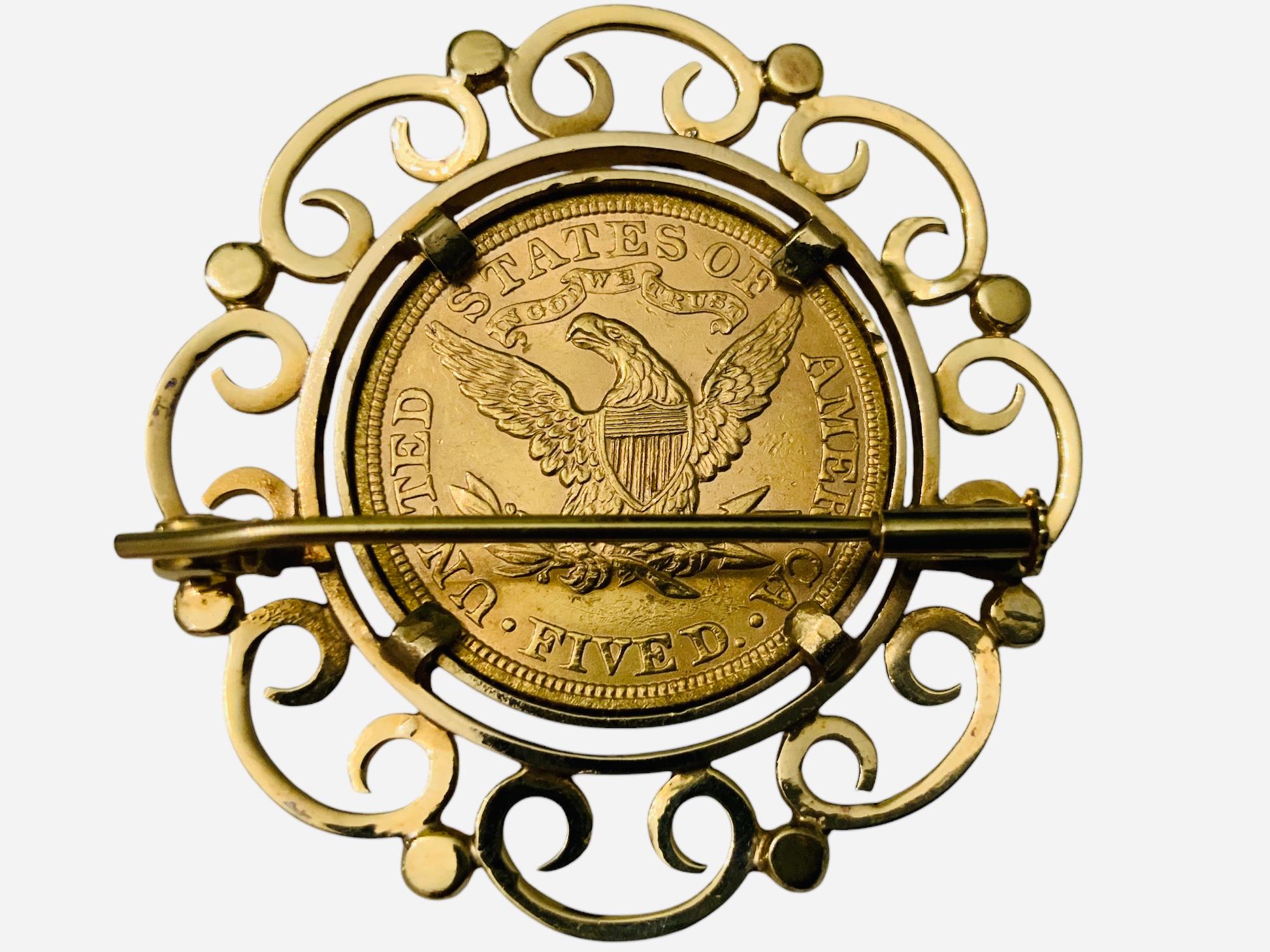 22K Gold 1900 Liberty Coin Gemmed Numari Brooch For Sale 1