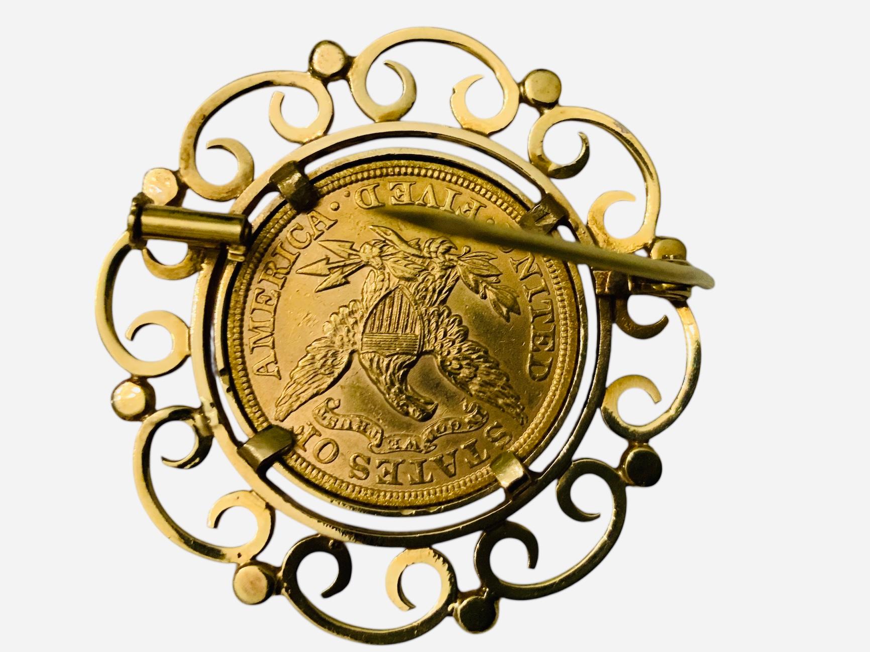 22K Gold 1900 Liberty Coin Gemmed Numari Brooch For Sale 2