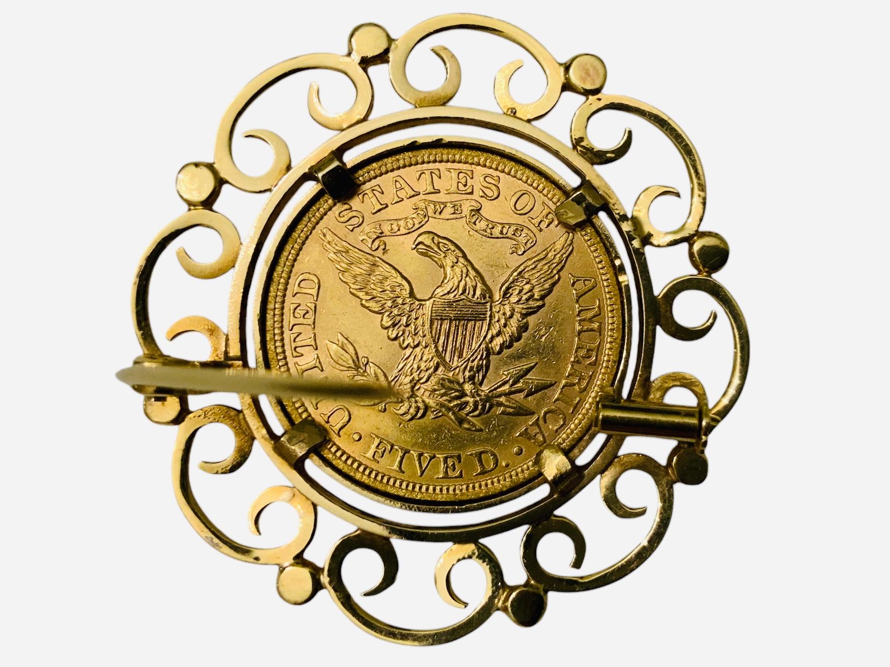 22K Gold 1900 Liberty Coin Gemmed Numari Brooch For Sale 3