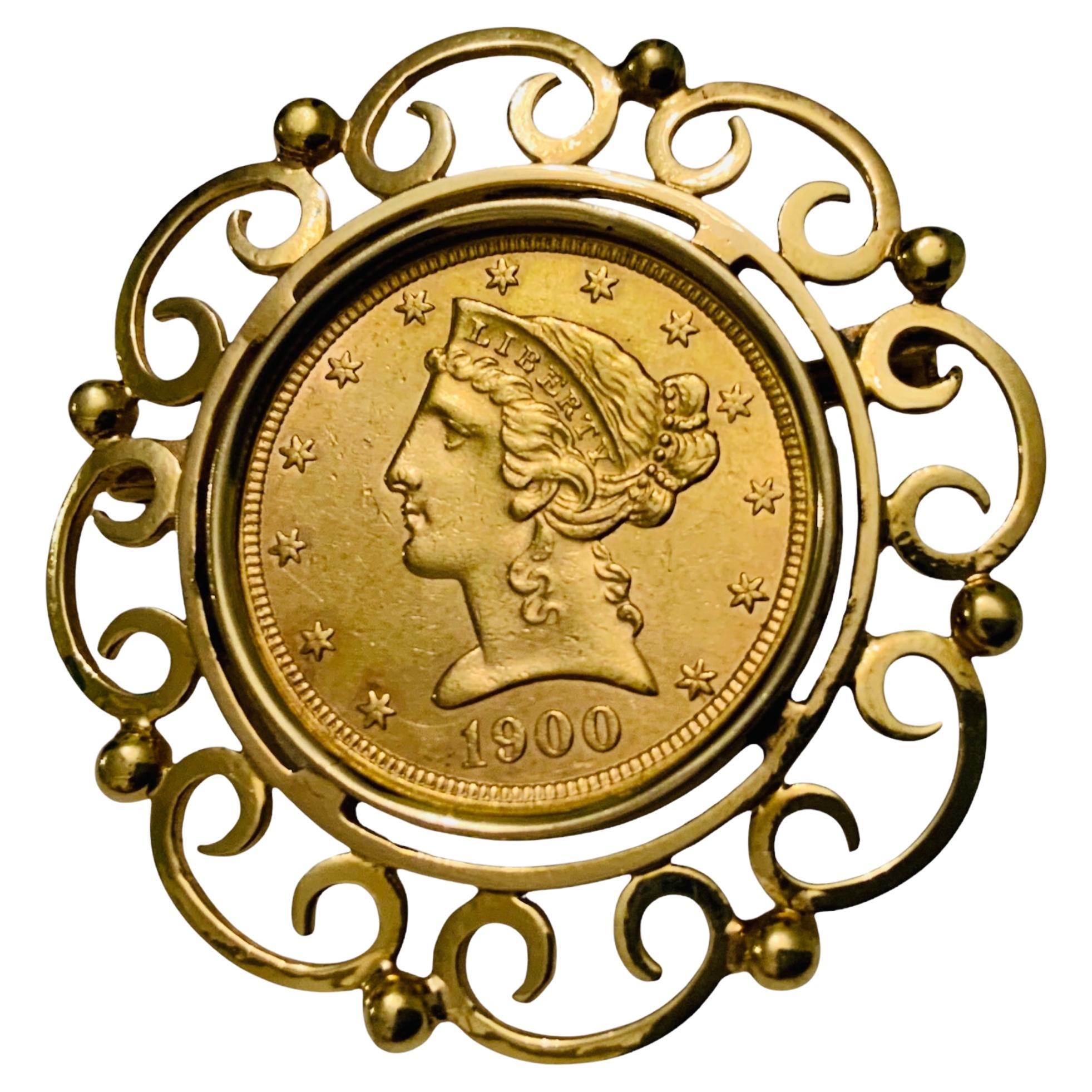 22K Gold 1900 Liberty Coin Gemmed Numari Brooch