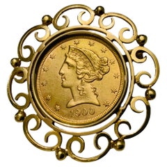 22K Gold 1900 Liberty Coin Gemmed Numari Brooch