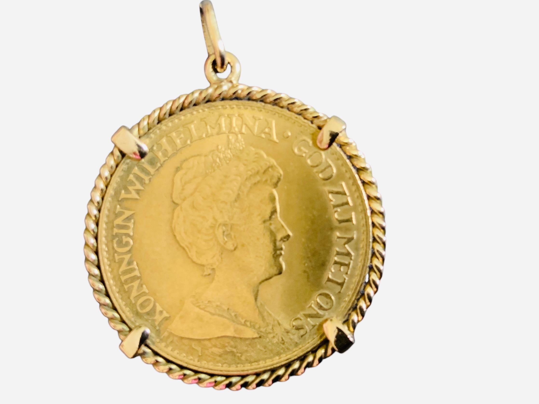 Women's or Men's 22K Gold 1917 10 G Netherland Coin Gemmmed Numari Pendant For Sale