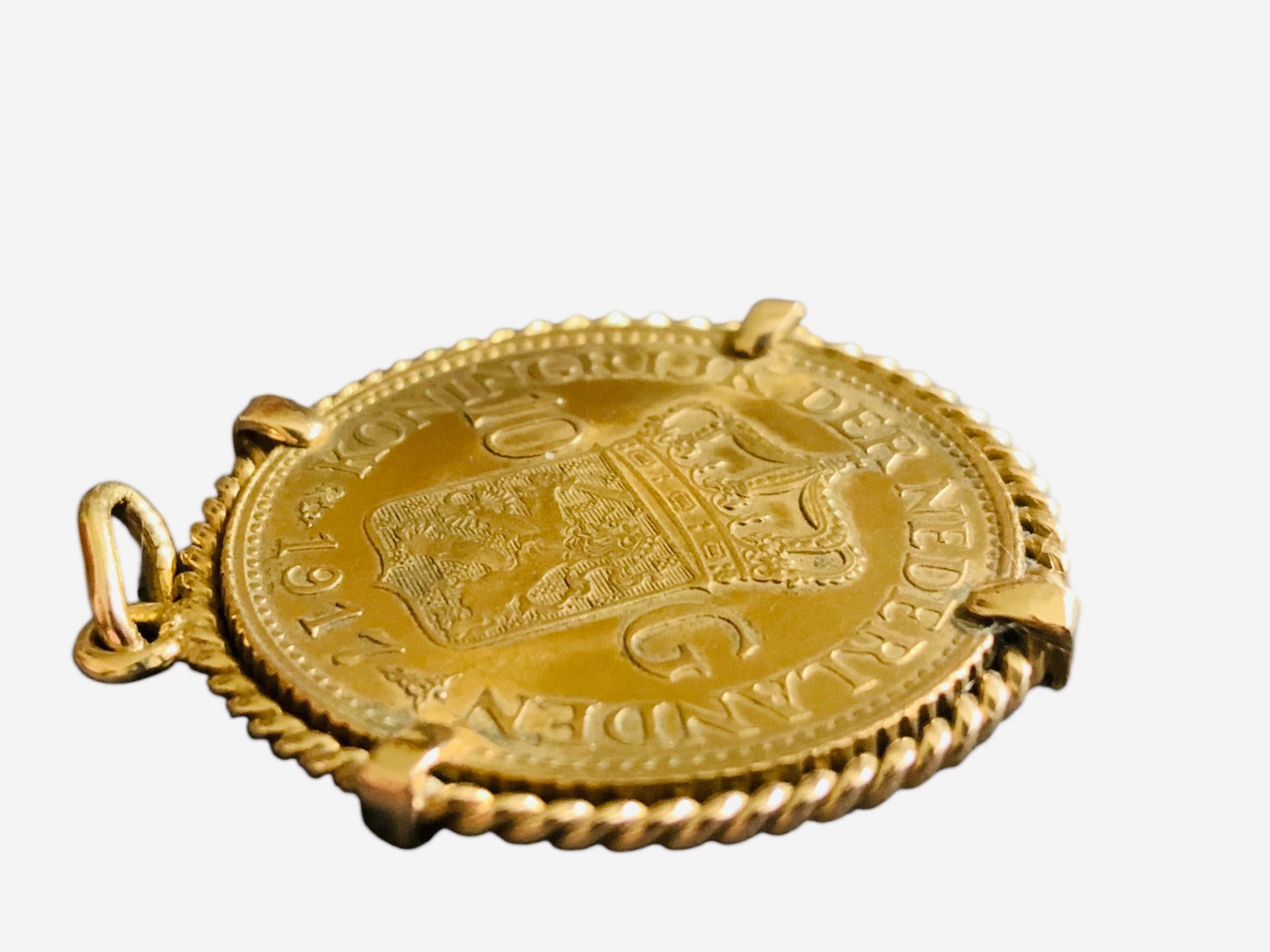 22K Gold 1917 10 G Netherland Coin Gemmmed Numari Pendant For Sale 2