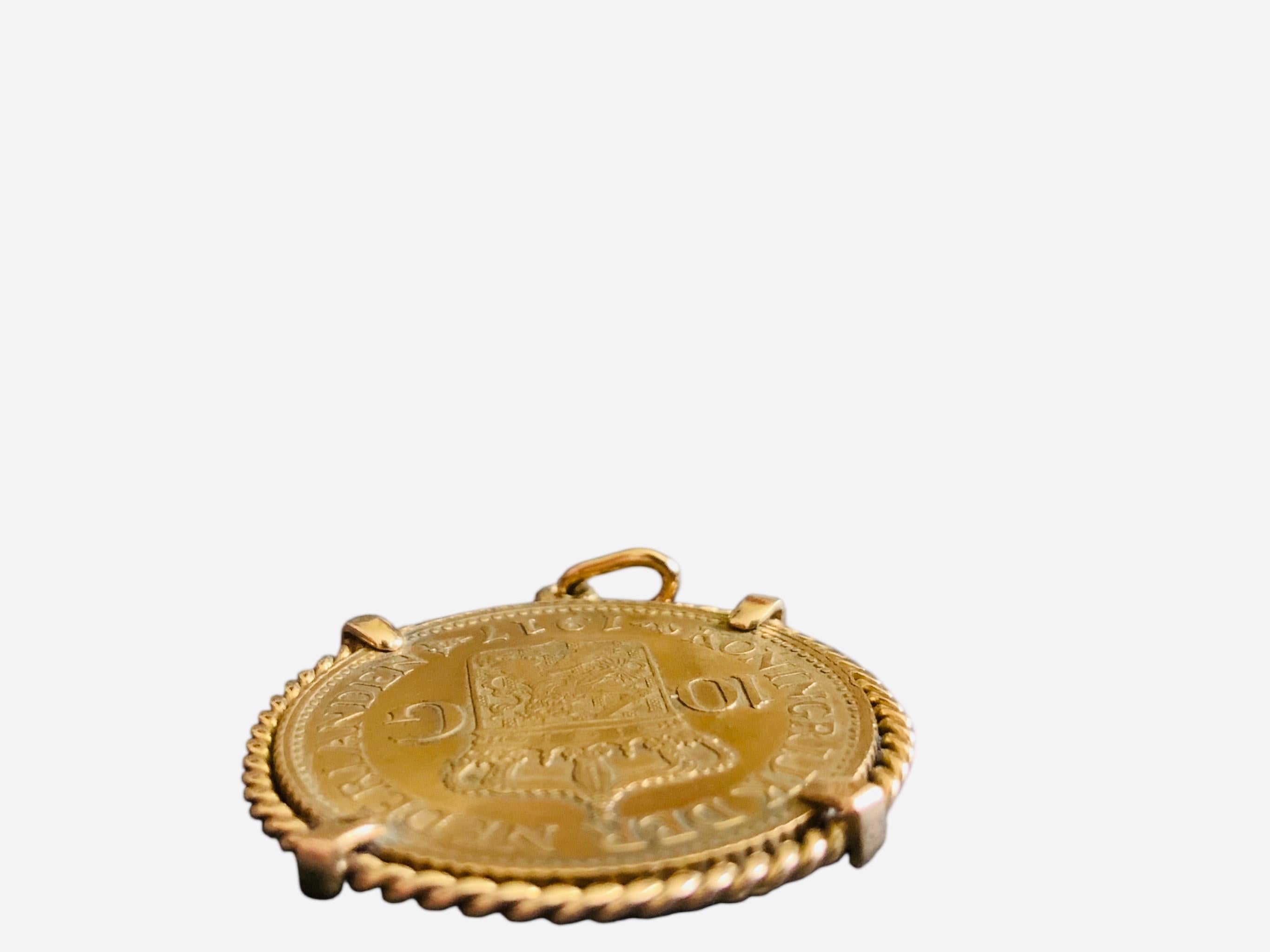 22K Gold 1917 10 G Netherland Coin Gemmmed Numari Pendant For Sale 3
