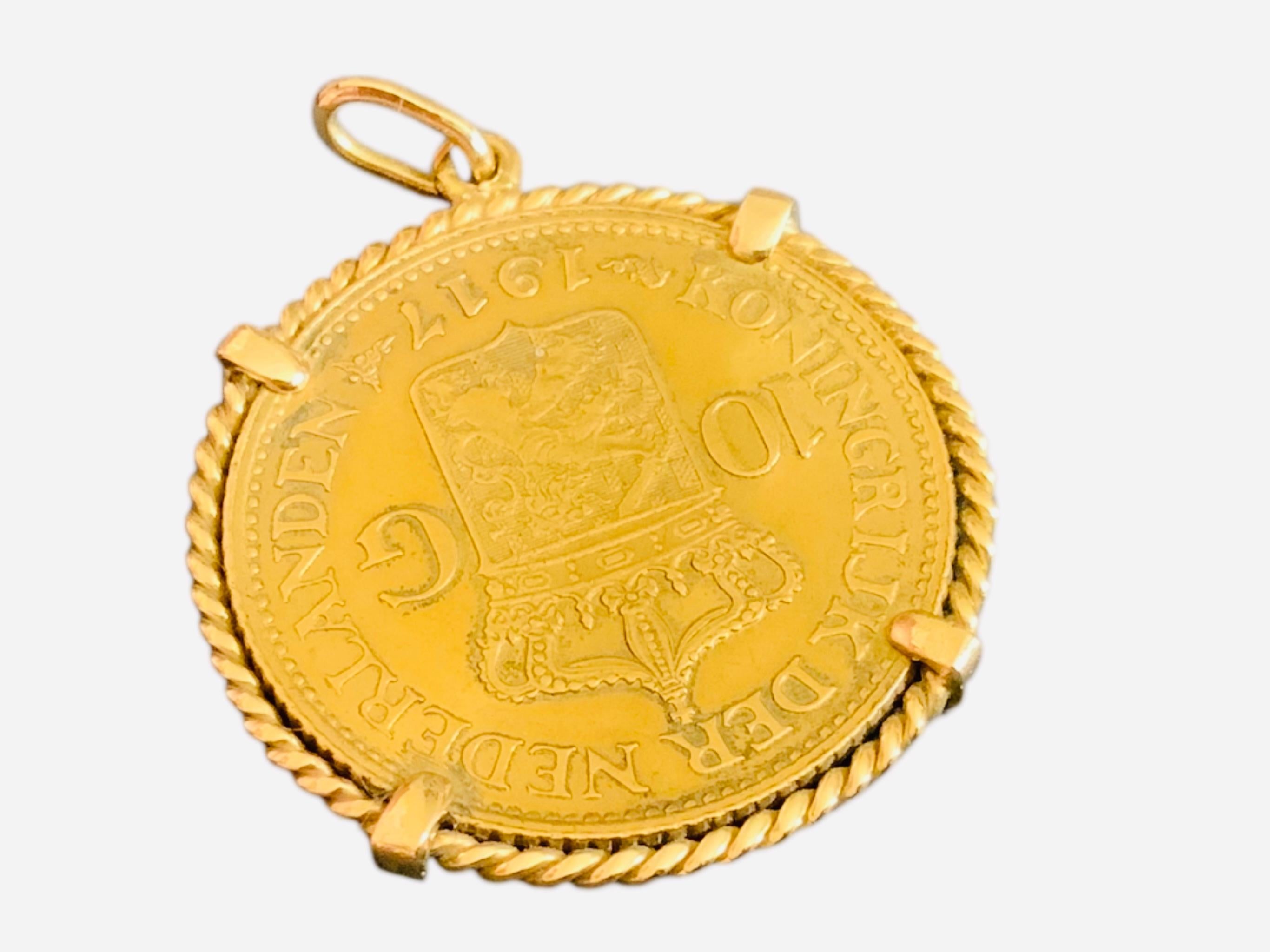 22K Gold 1917 10 G Netherland Coin Gemmmed Numari Pendant For Sale 4