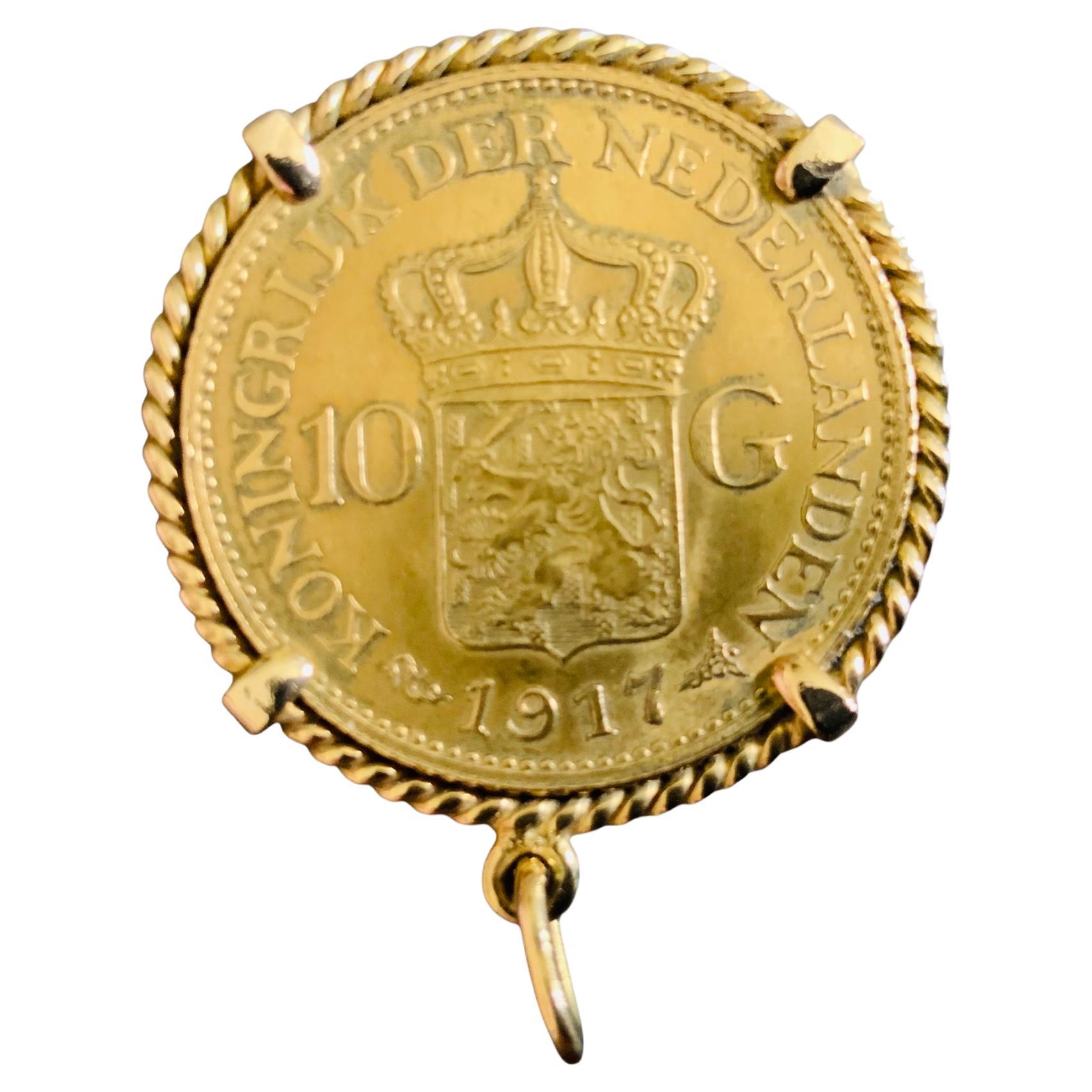 22K Gold 1917 10 G Netherland Coin Gemmmed Numari Pendant For Sale