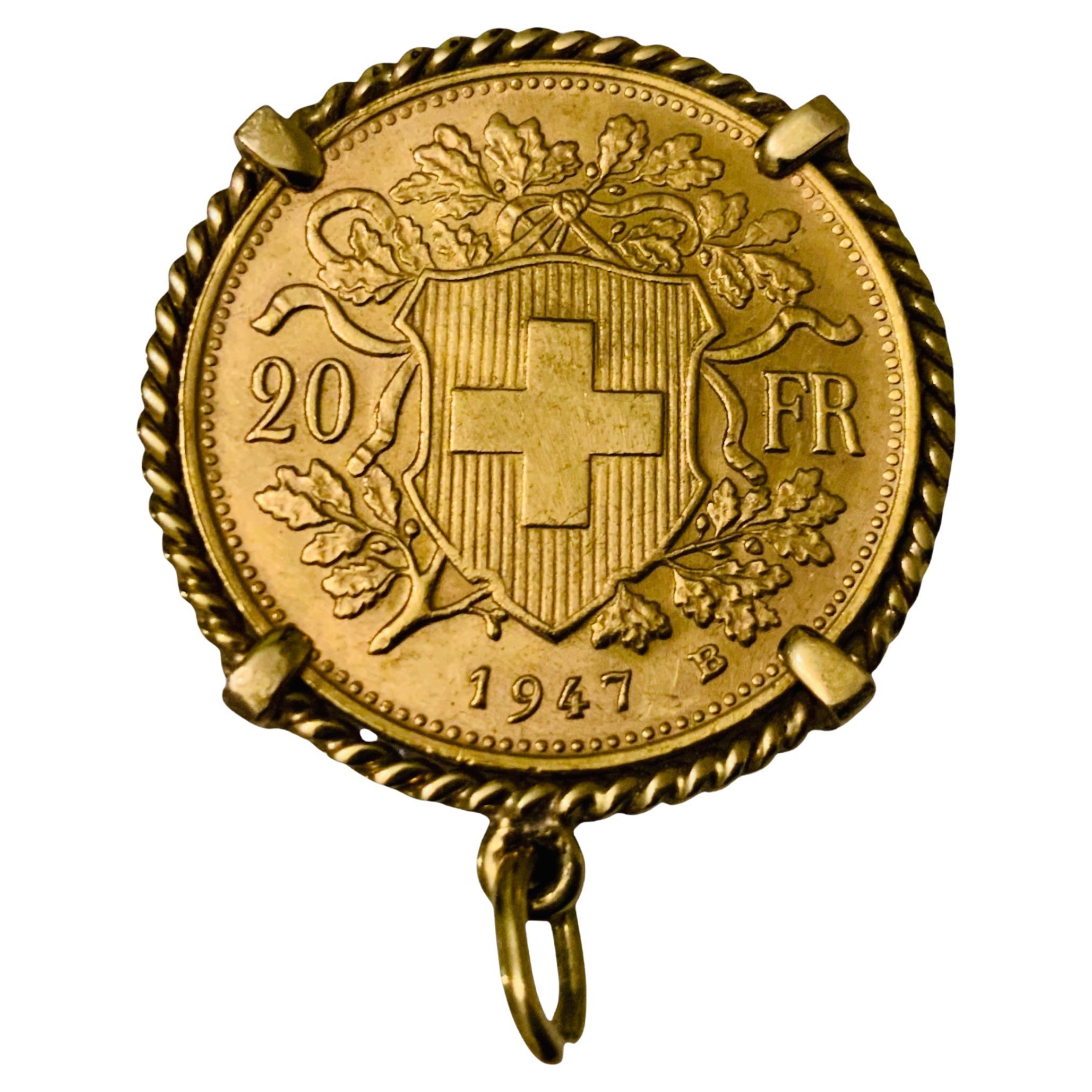 22K Gold 1947 Helvetian 20 FR Coin Gemmed Numari Pendant