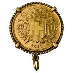 22K Gold 1947 Helvetian 20 FR Coin Gemmed Numari Pendant