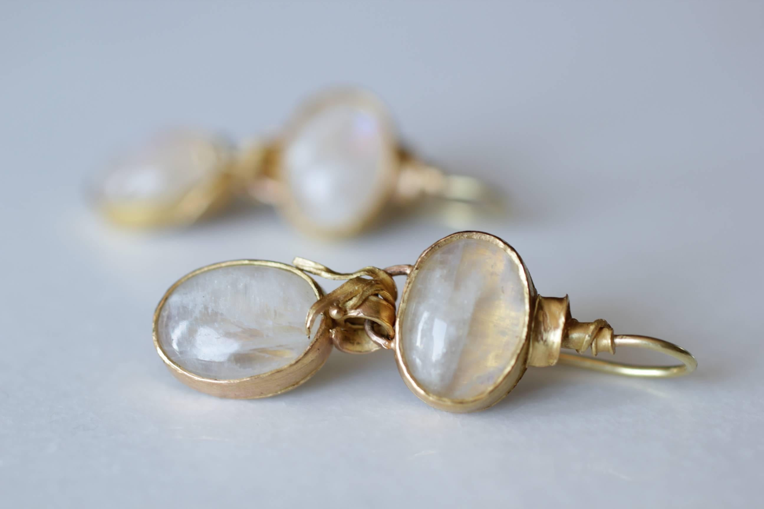 Women's 22k Gold 28 Carat Moonstone Cabs Dangle Drop Earrings, Organic Contemporary 