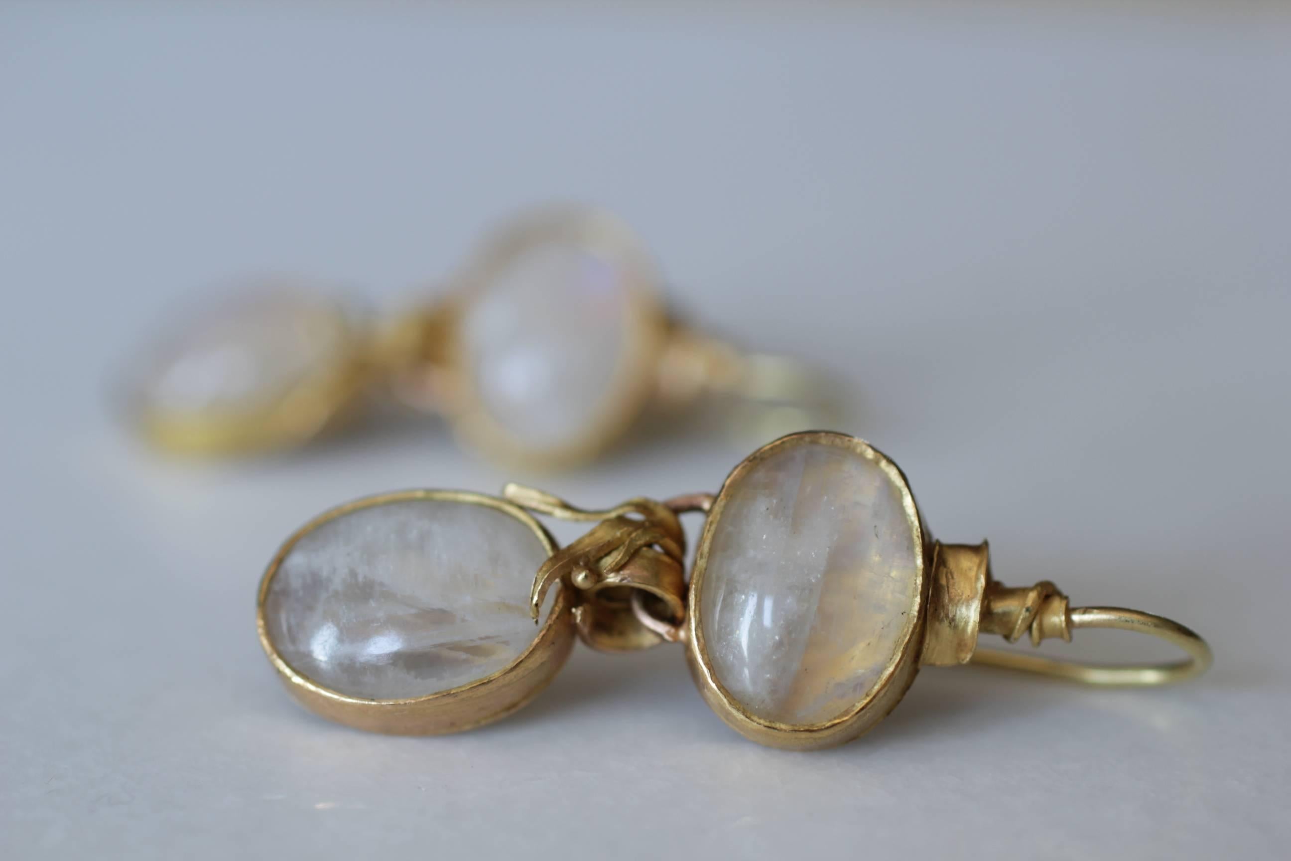 22k Gold 28 Carat Moonstone Cabs Dangle Drop Earrings, Organic Contemporary  1