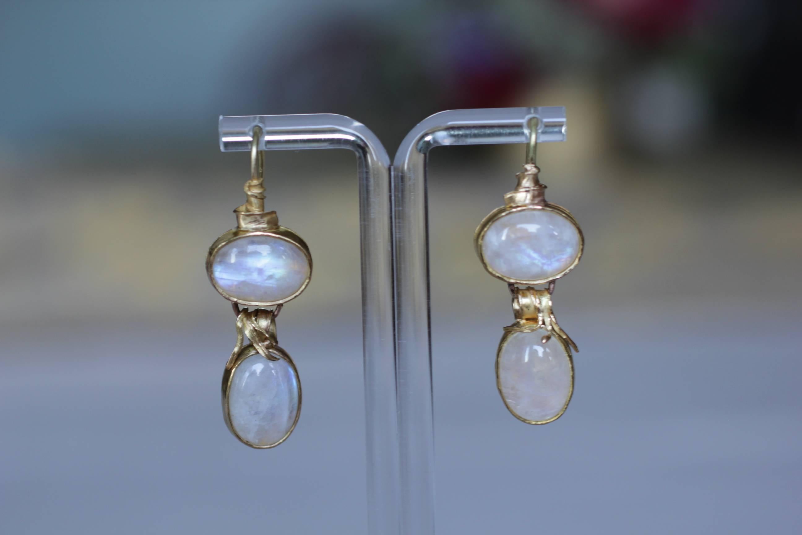 22k Gold 28 Carat Moonstone Cabs Dangle Drop Earrings, Organic Contemporary  2