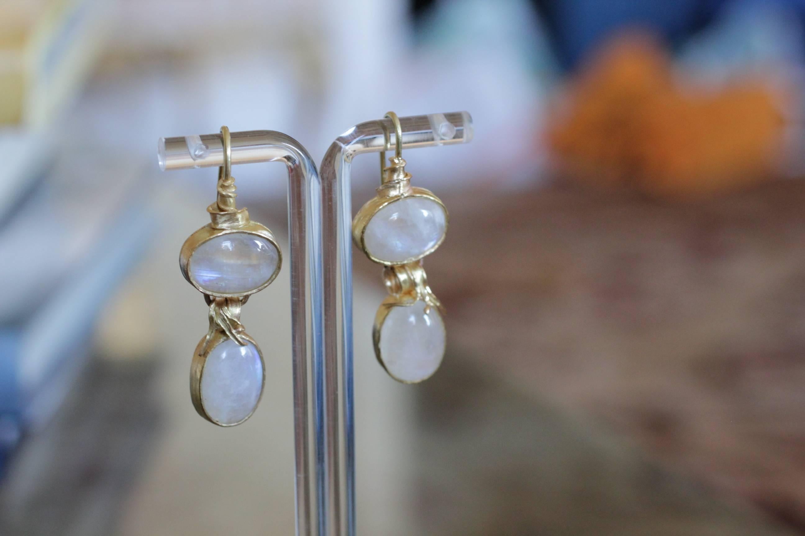 22k Gold 28 Carat Moonstone Cabs Dangle Drop Earrings, Organic Contemporary  3