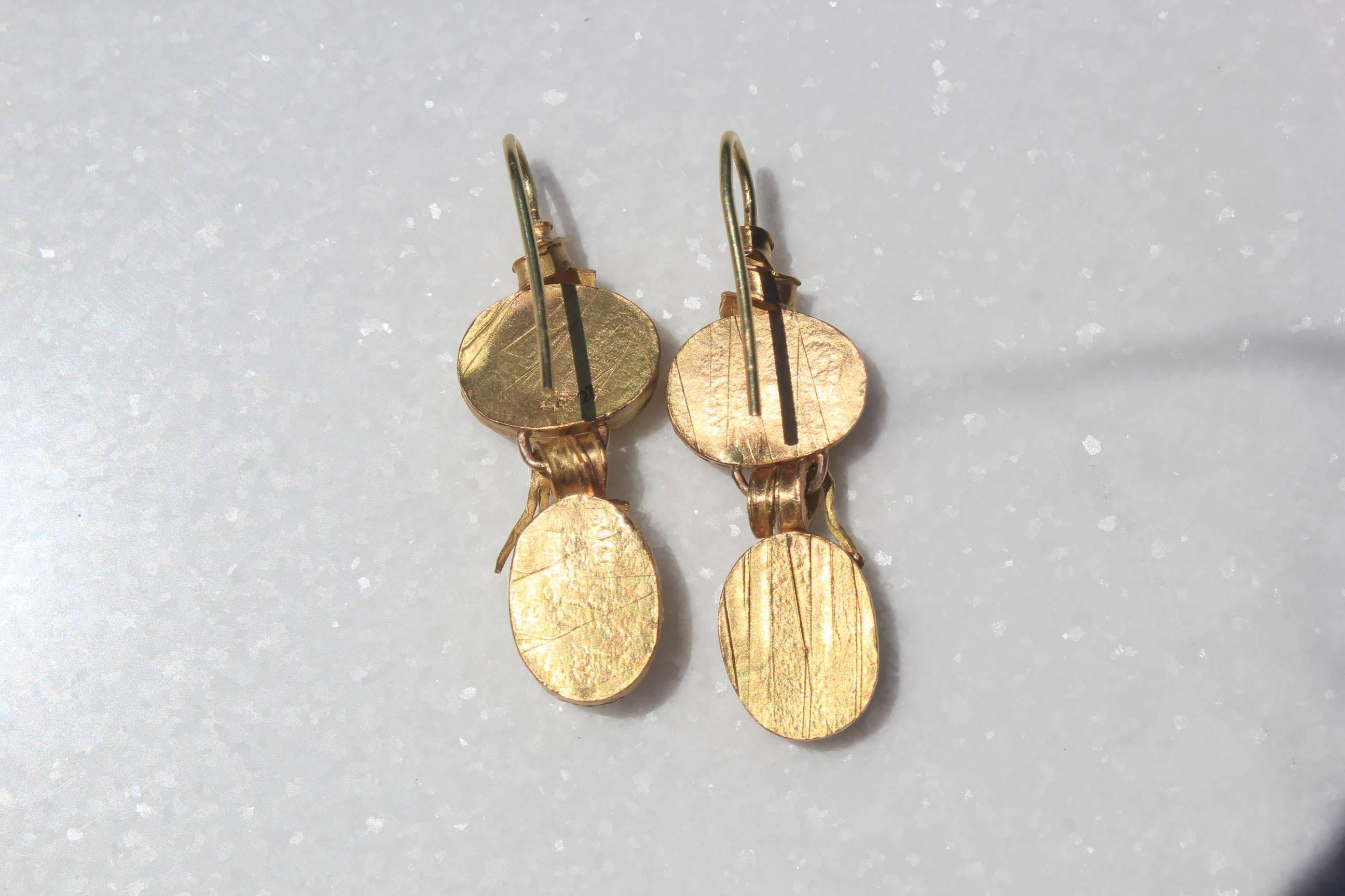 22k Gold 28 Carat Moonstone Cabs Dangle Drop Earrings, Organic Contemporary  4