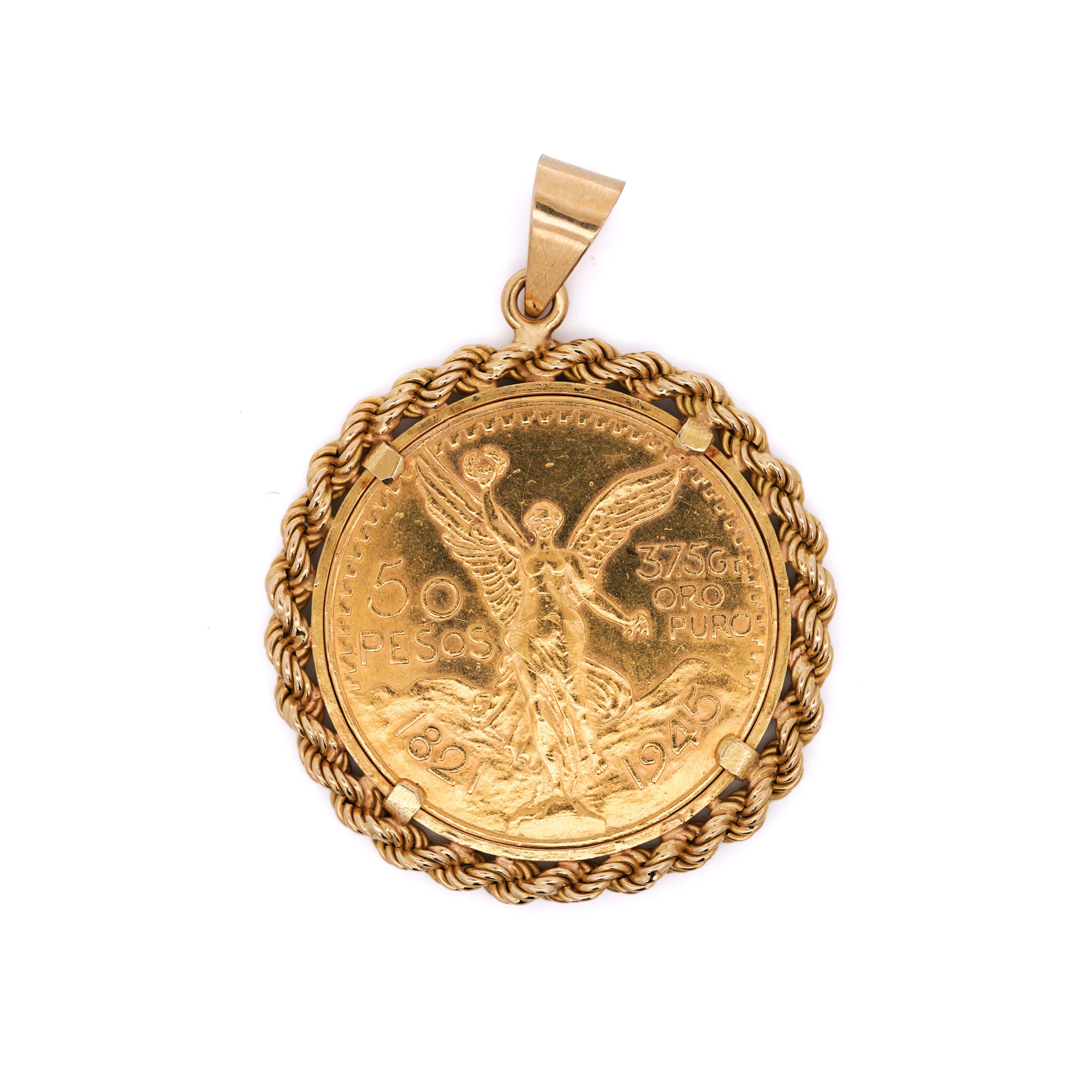 37.5 Grams 22K Yellow Gold of 1945 Mexican 50 Peso Coin with 21.6 Grams 18K Yellow Gold Rope Frame Pendant.

Details: 
Item Type: Pendant
Coin Metal: 22K Yellow Gold
Coin Weight: 37.5 grams
Frame Metal: 18K yellow gold
Frame Weight: 21.6 grams
Frame