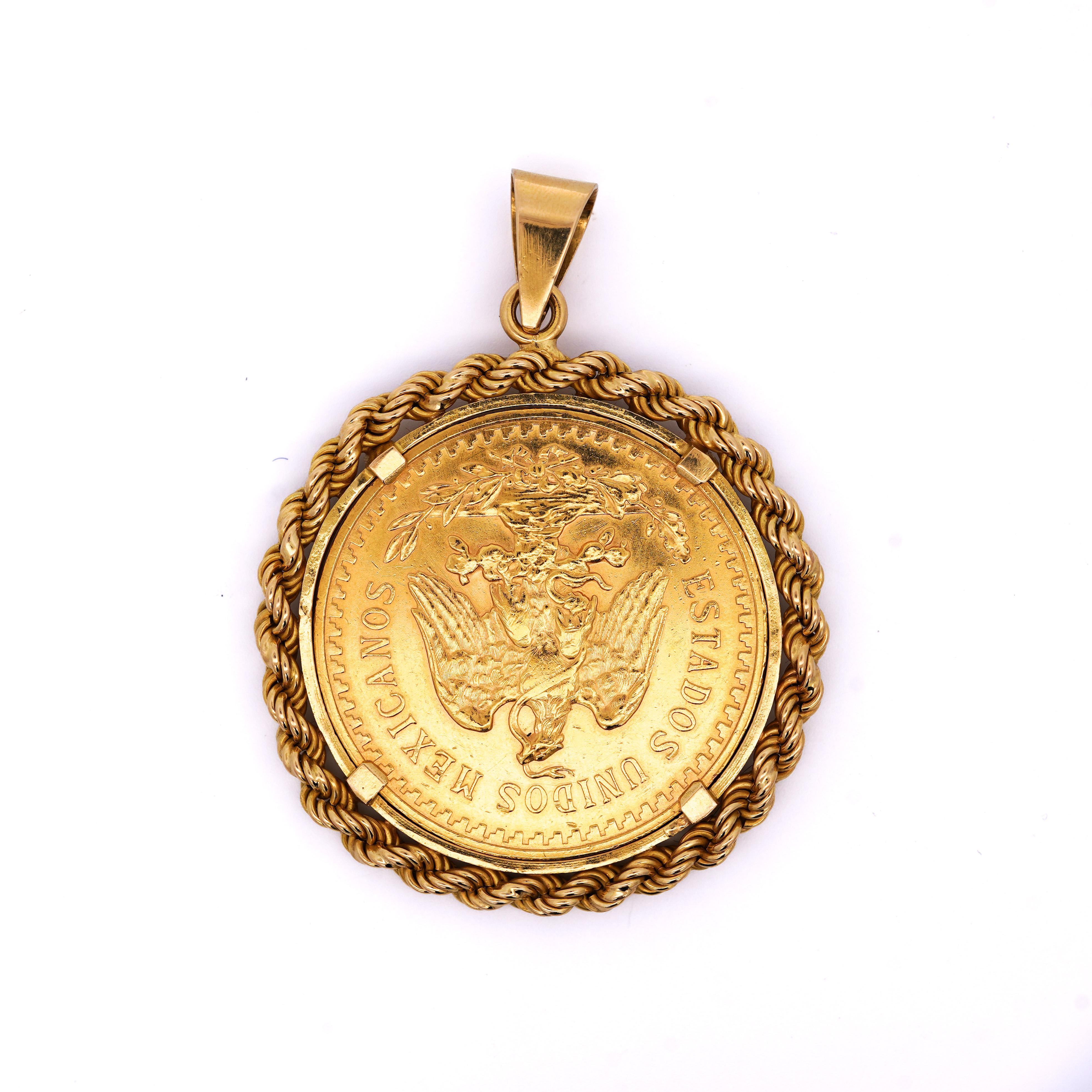 Contemporary 22K Gold 50 Peso Mexican Coin and 18K Gold Rope Frame Pendant
