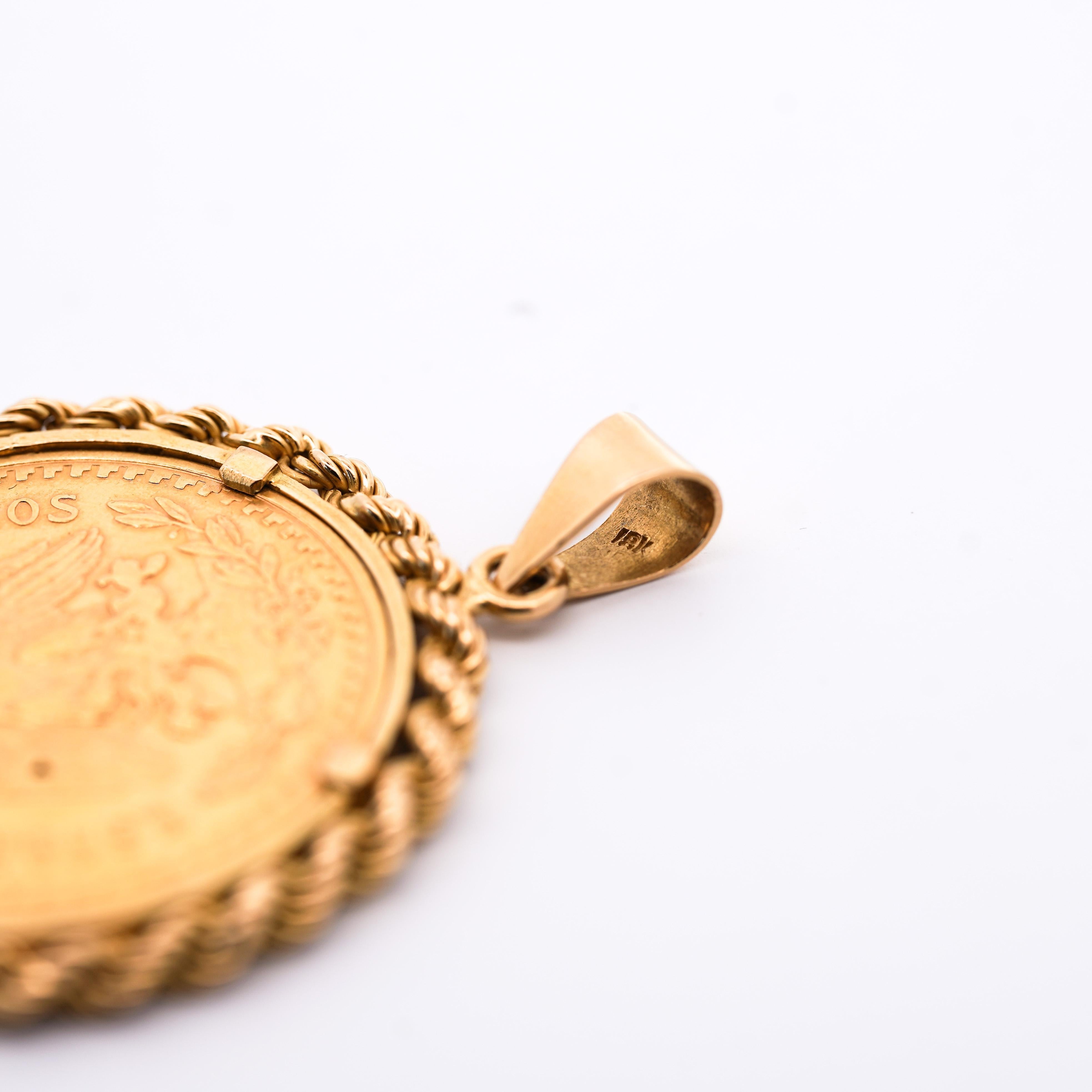 Women's or Men's 22K Gold 50 Peso Mexican Coin and 18K Gold Rope Frame Pendant