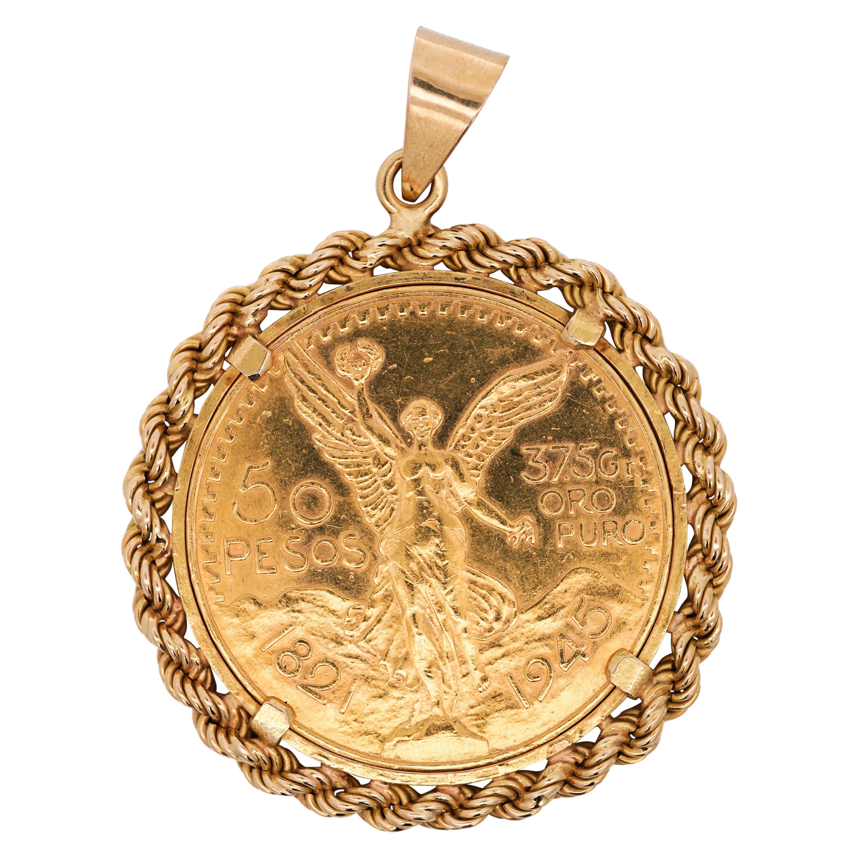 22K Gold 50 Peso Mexican Coin and 18K Gold Rope Frame Pendant