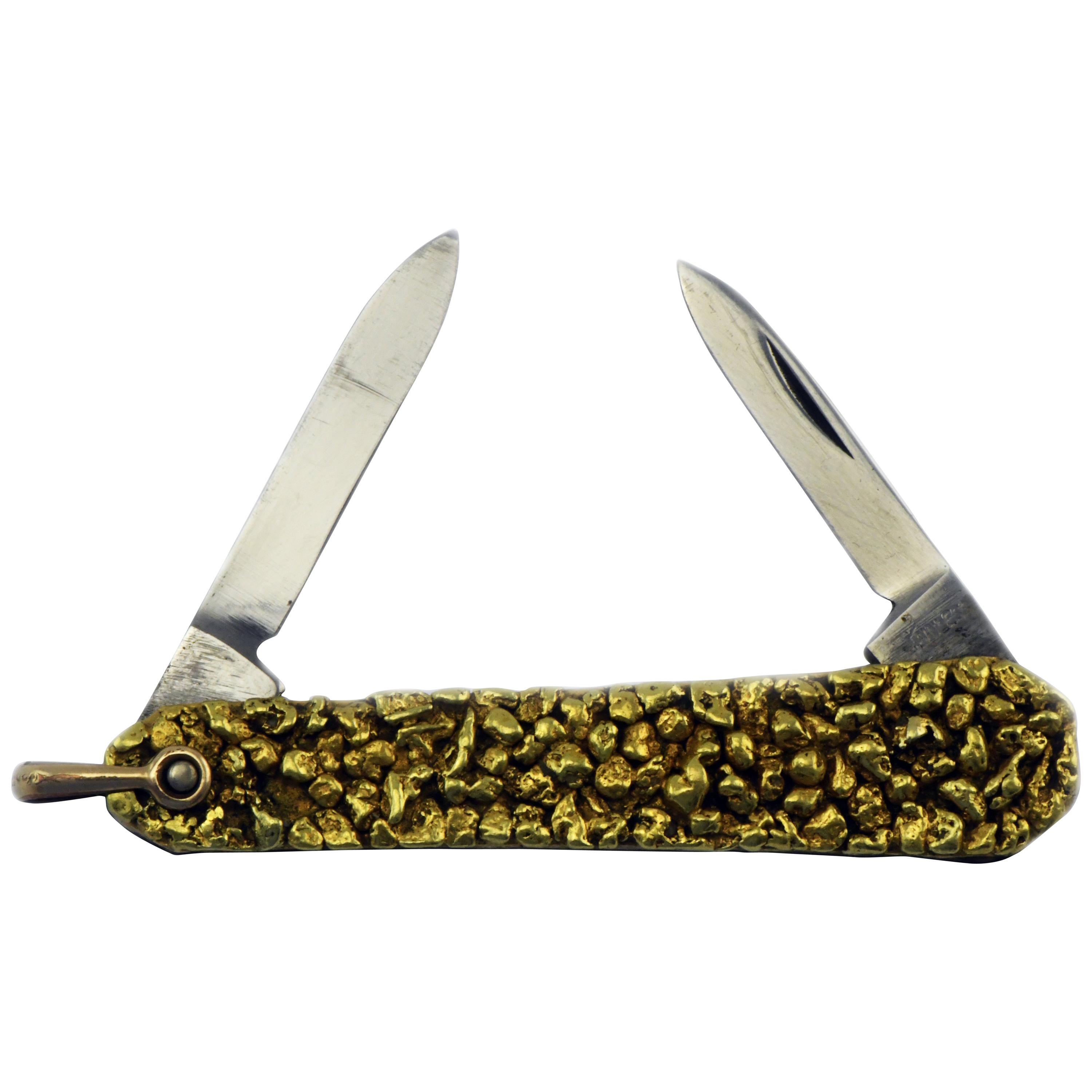 22 Karat Gold Alaskan Nugget Cluster on Swank Double Blade Folding Pocket Knife For Sale