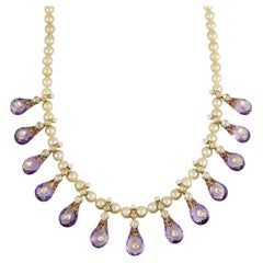 22K gold Amethyst necklace set with diamonds and strung in south sea pearls