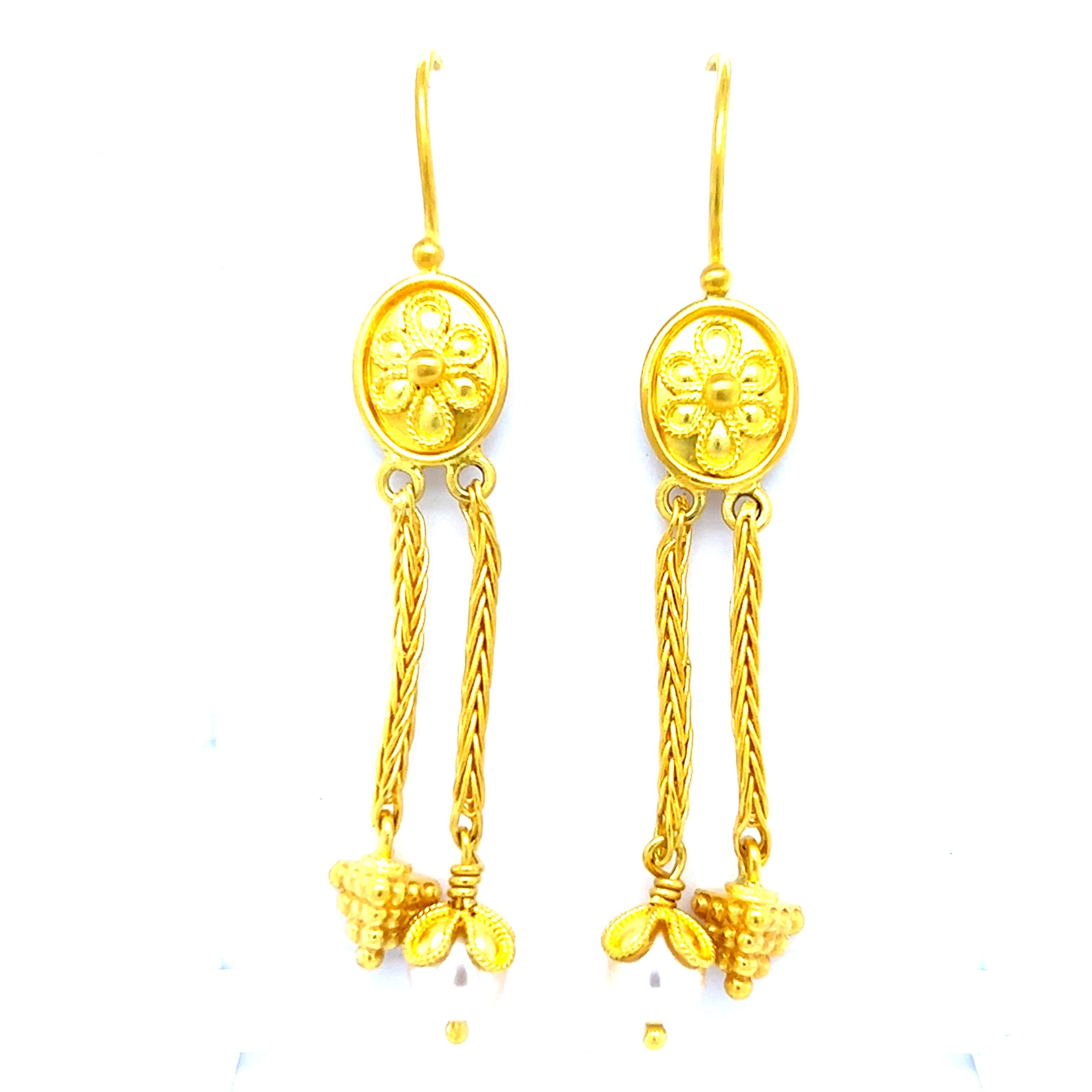 Round Cut 22K Gold Ancient Greek Revival Freshwater Pearl  Dangle Earrings