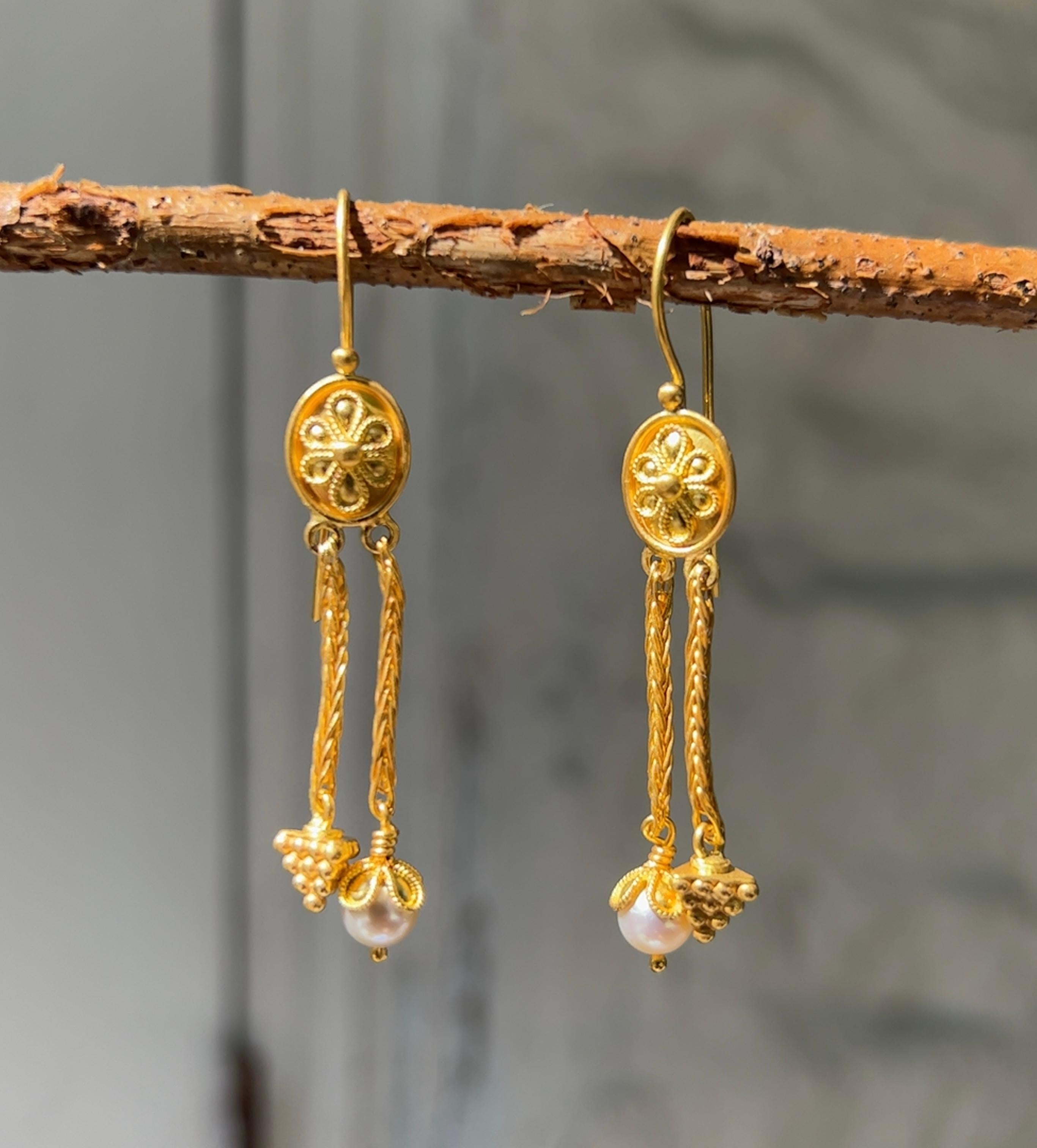 Women's 22K Gold Ancient Greek Revival Freshwater Pearl  Dangle Earrings