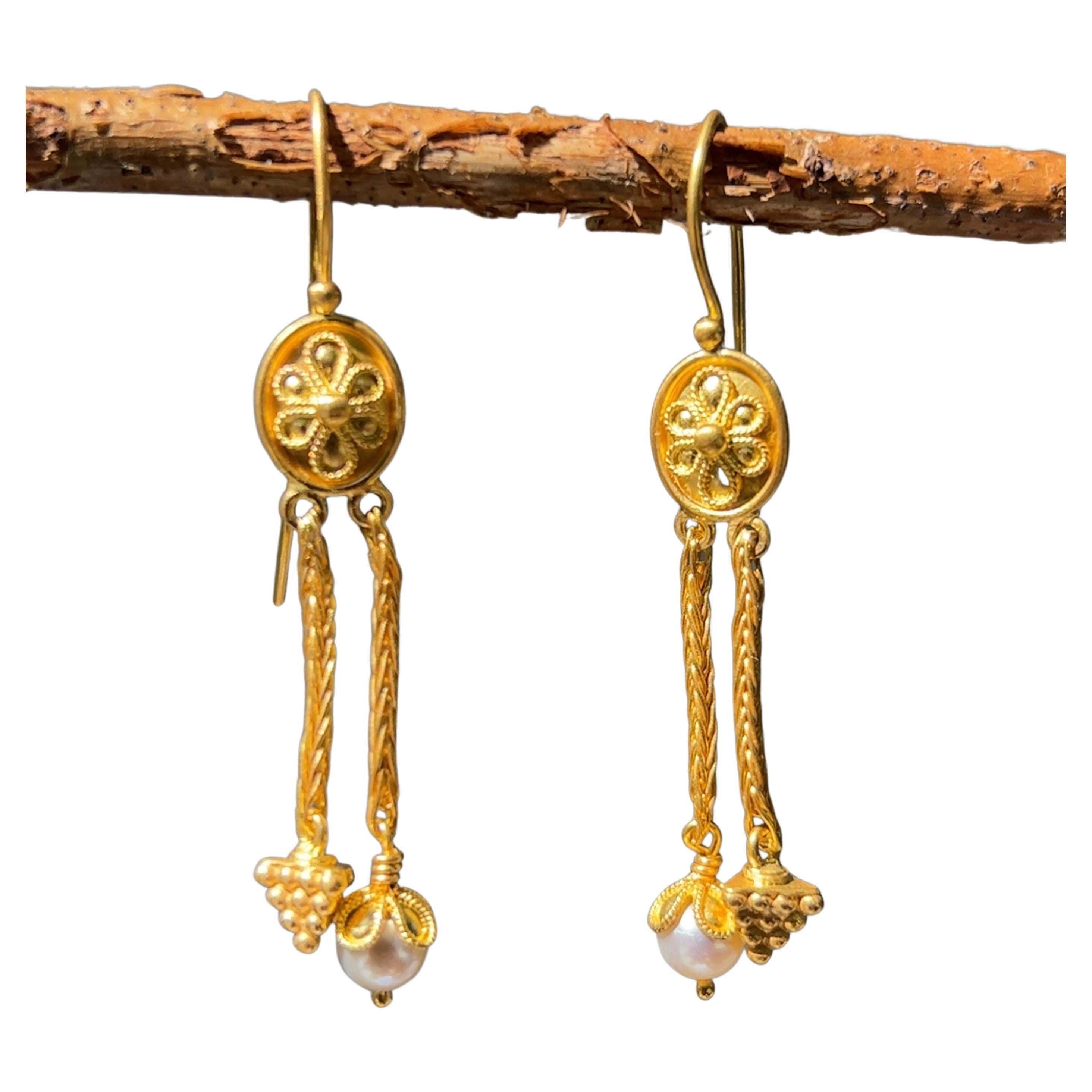 22K Gold Ancient Greek Revival Freshwater Pearl  Dangle Earrings