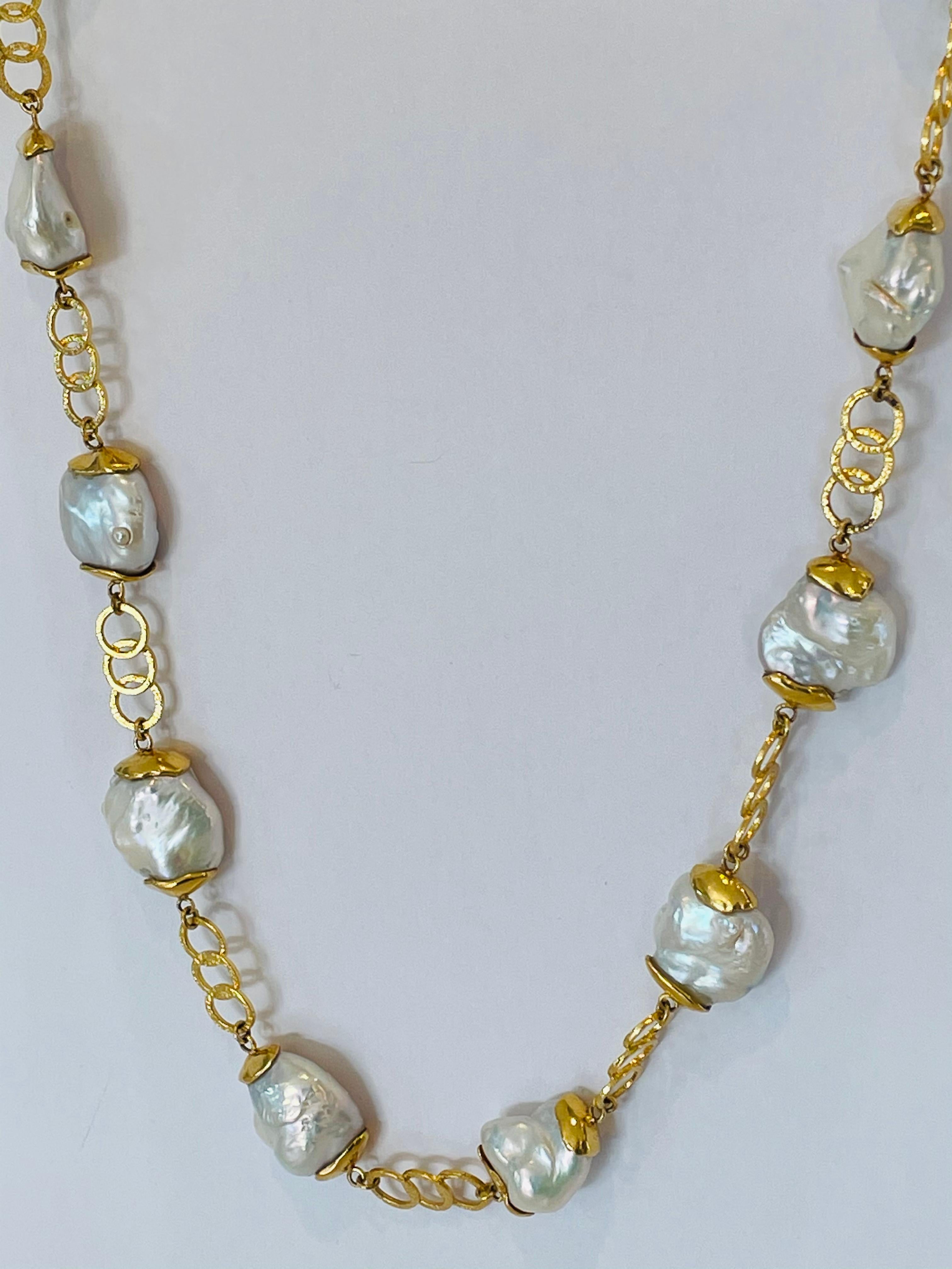 Artisan 22k Gold and Baroque Pearl Necklace by Tagili For Sale